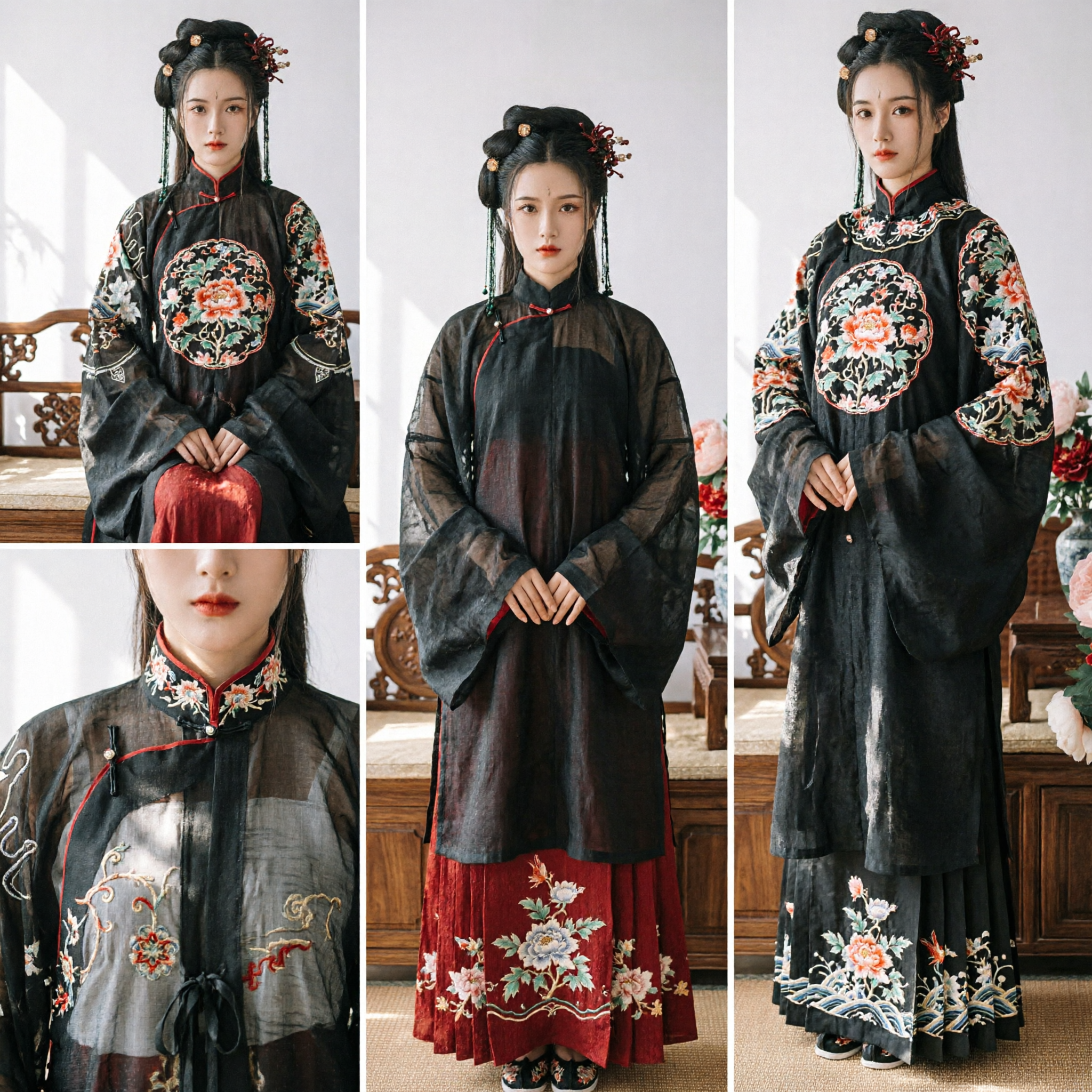 Traditional Chinese Hanfu Costume for Women Black Sheer Robe Red Embroidered Skirt Ancient Clothing Set