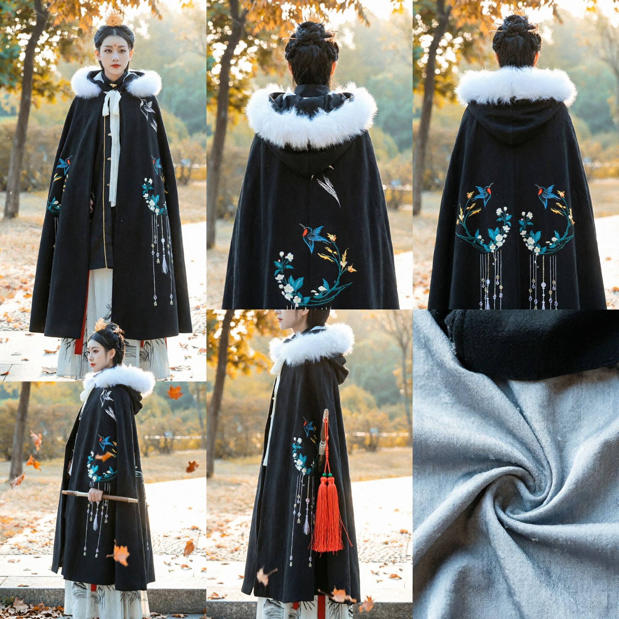 Traditional Chinese Hanfu Winter Cloak Black Embroidered Cape with White Fur Collar Ancient Costume for Women