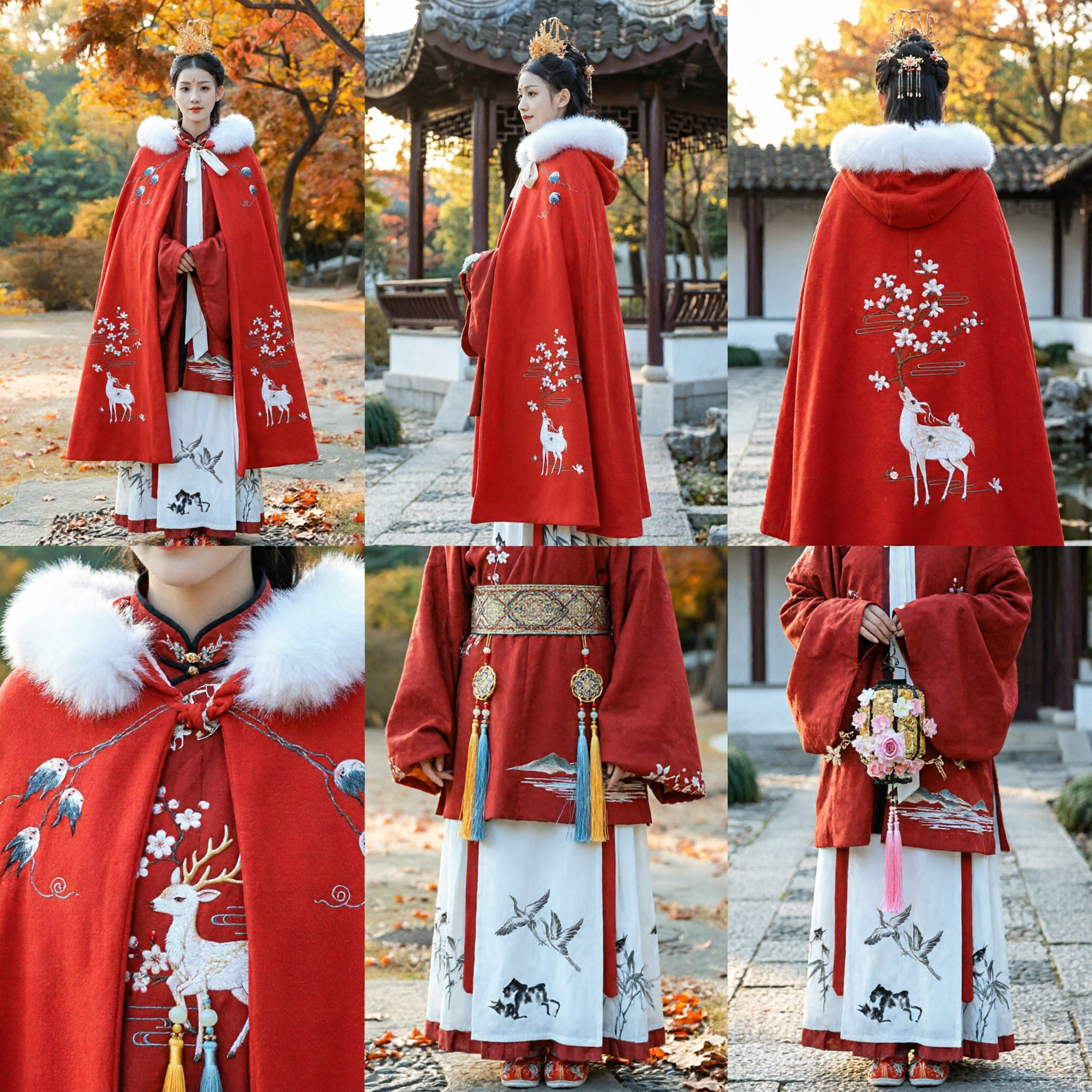 Traditional Chinese Hanfu Red Cape Cloak with White Fur Collar Embroidered Deer Ancient Costume for Women
