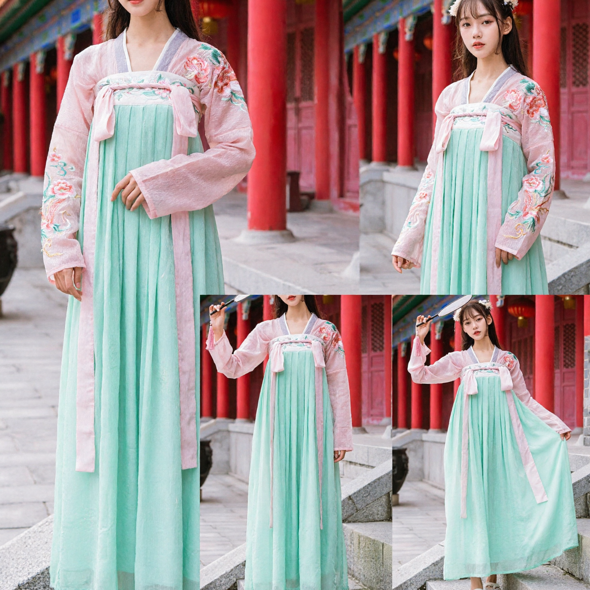 Elegant Traditional Chinese Hanfu Costume Green Gradient Skirt Pink Top Ancient Tang Dynasty Dress for Women
