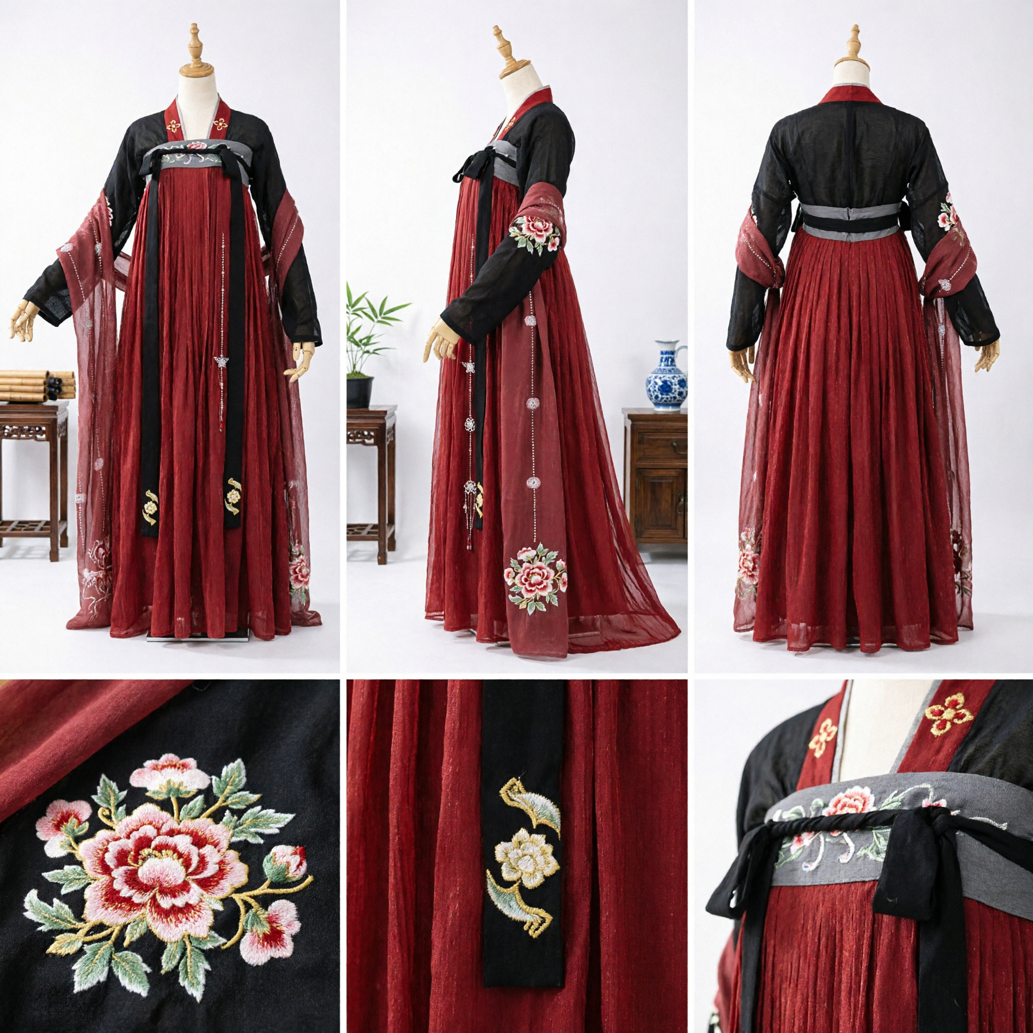 Traditional Chinese Hanfu Ancient Costume Tang Dynasty Style Red and Black Embroidered Long Dress for Women