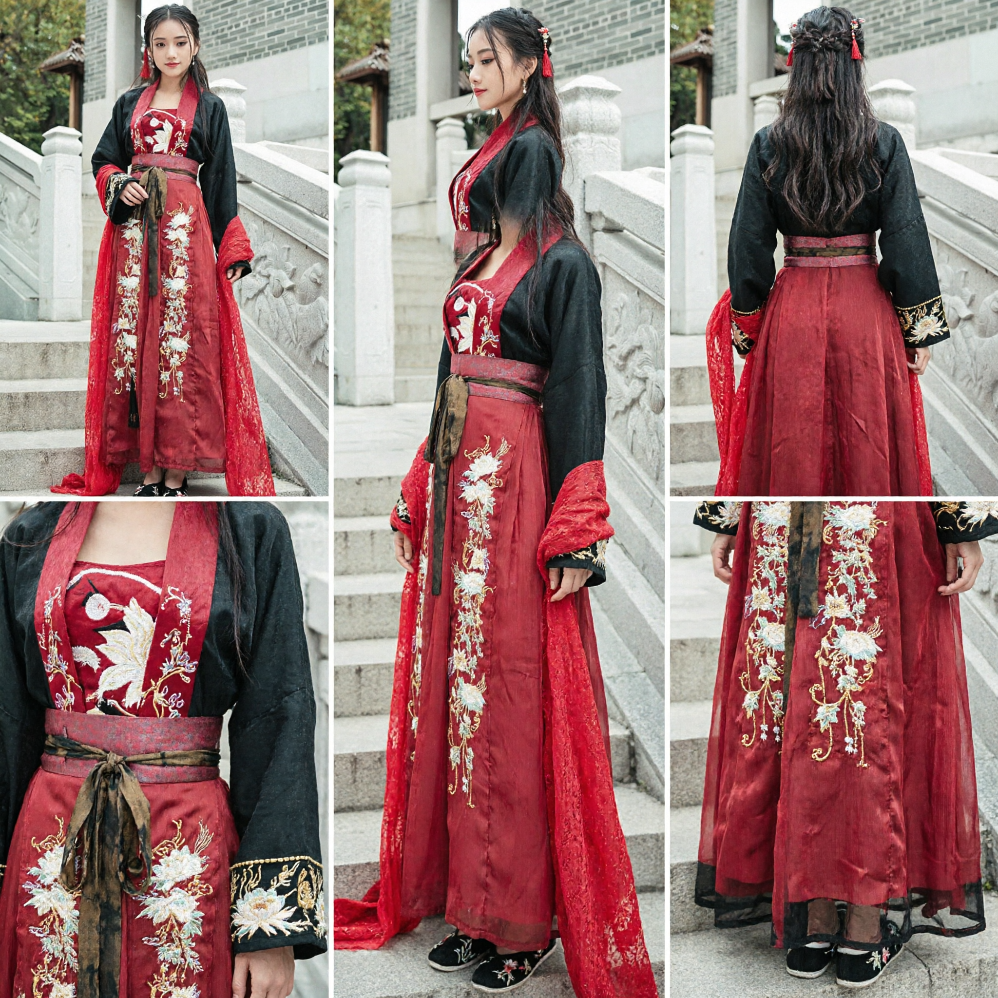 Ancient Chinese Wuxia Style Red Hanfu Dress Embroidered Floral Skirt Traditional Tang Dynasty Costume for Women