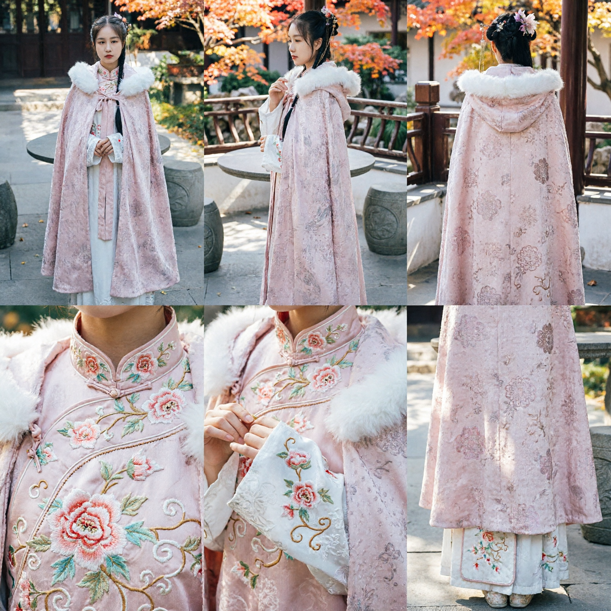 Elegant Pink Jacquard Hanfu Winter Cloak with White Fur Collar Traditional Chinese Ancient Costume for Women