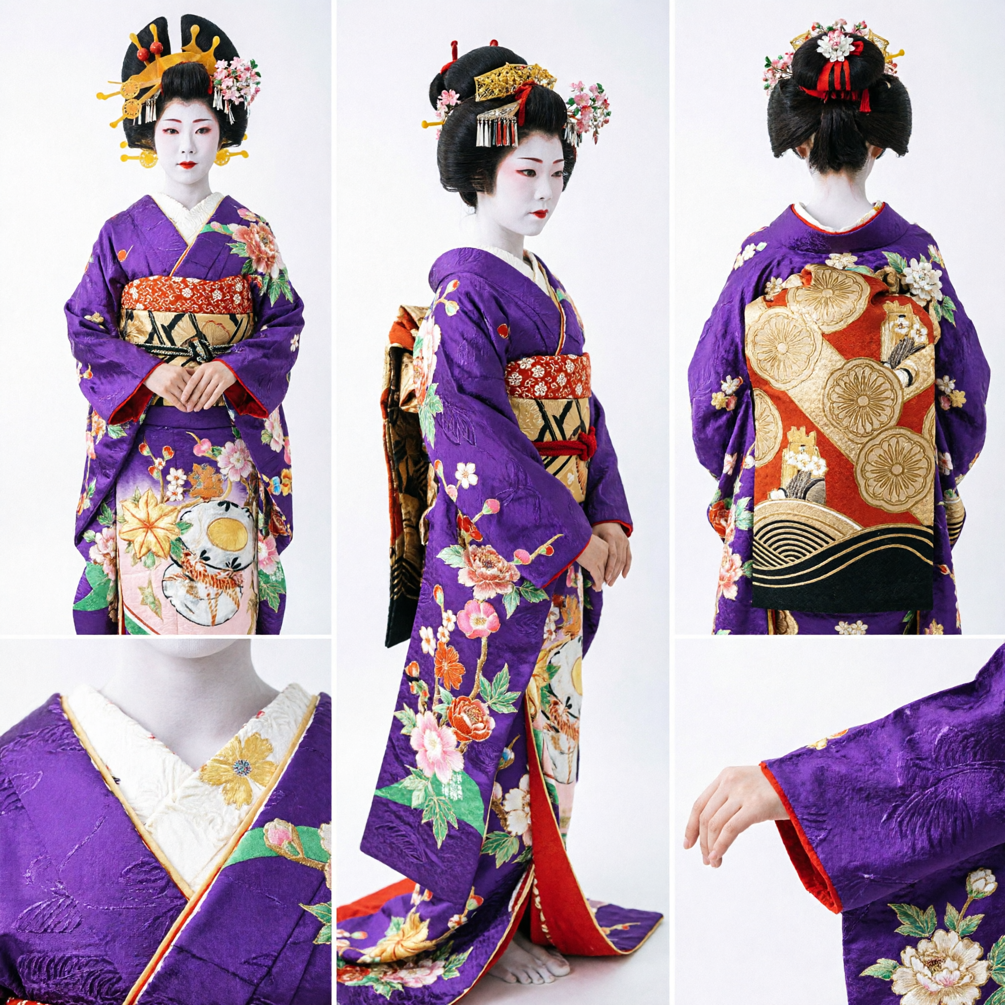 Purple Japanese Oiran Geisha Kimono Costume Set with Traditional Wig and Hair Ornaments for Women Cosplay