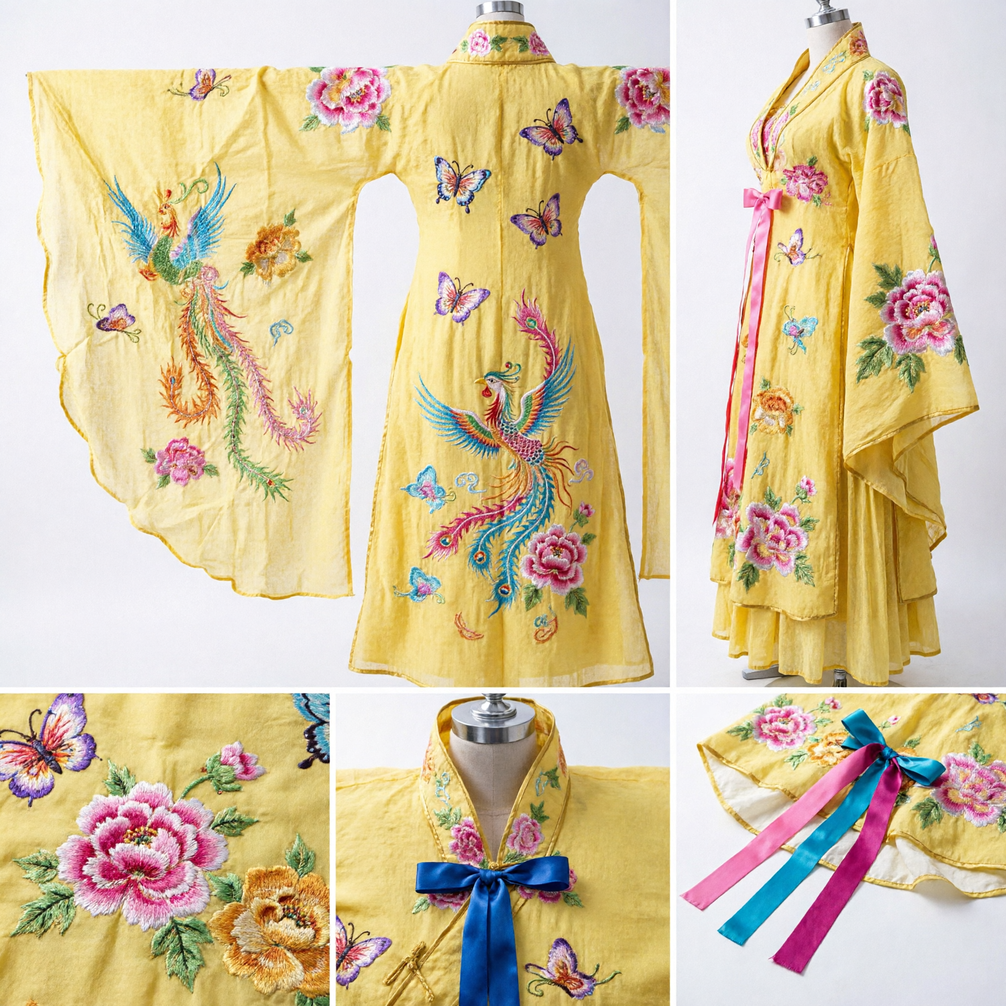 Women's Chinese Traditional Opera Costume Yellow Phoenix Embroidery Cape with Long Water Sleeves for Stage Dance