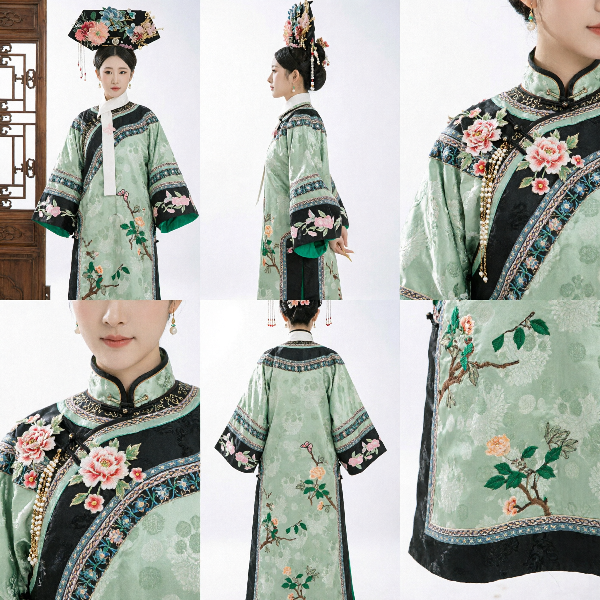 Traditional Chinese Qing Dynasty Manchu Princess Green Floral Embroidered Robe and Headdress Set Historical Cosplay Costume for Women