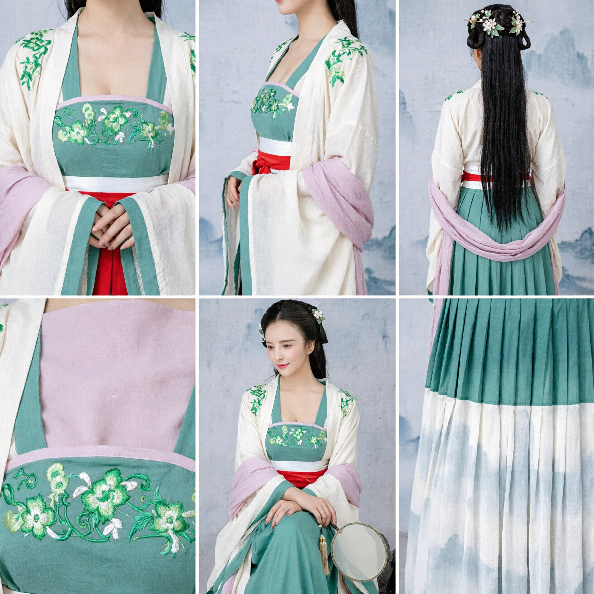 Green Tang Dynasty Hanfu for Women Traditional Chinese Embroidered Ruqun Dress for Tea Ceremony and Cosplay