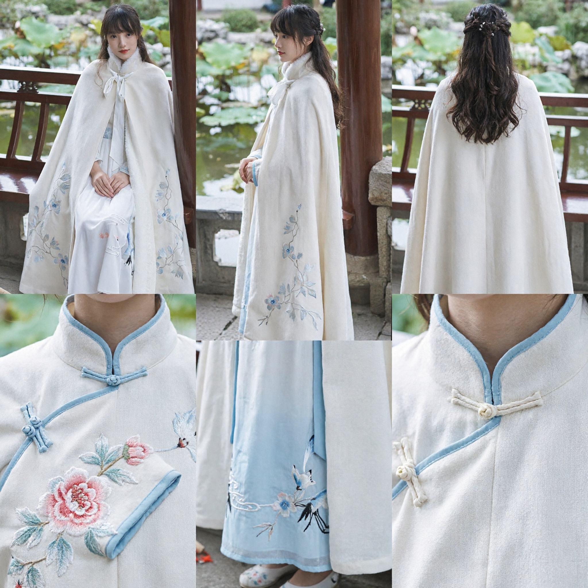 Traditional Chinese Hanfu Winter Cloak White Fur Collar Cape with Crane Embroidery for Women