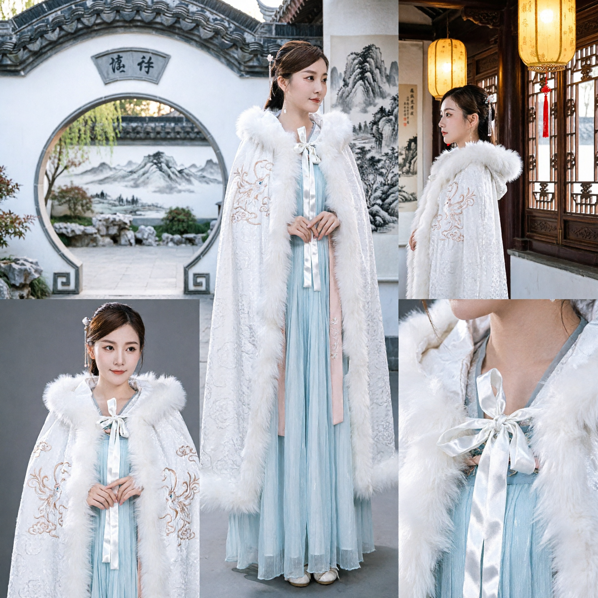 Elegant White Fur Lined Cloak Cape Traditional Chinese Hanfu Winter Costume for Women