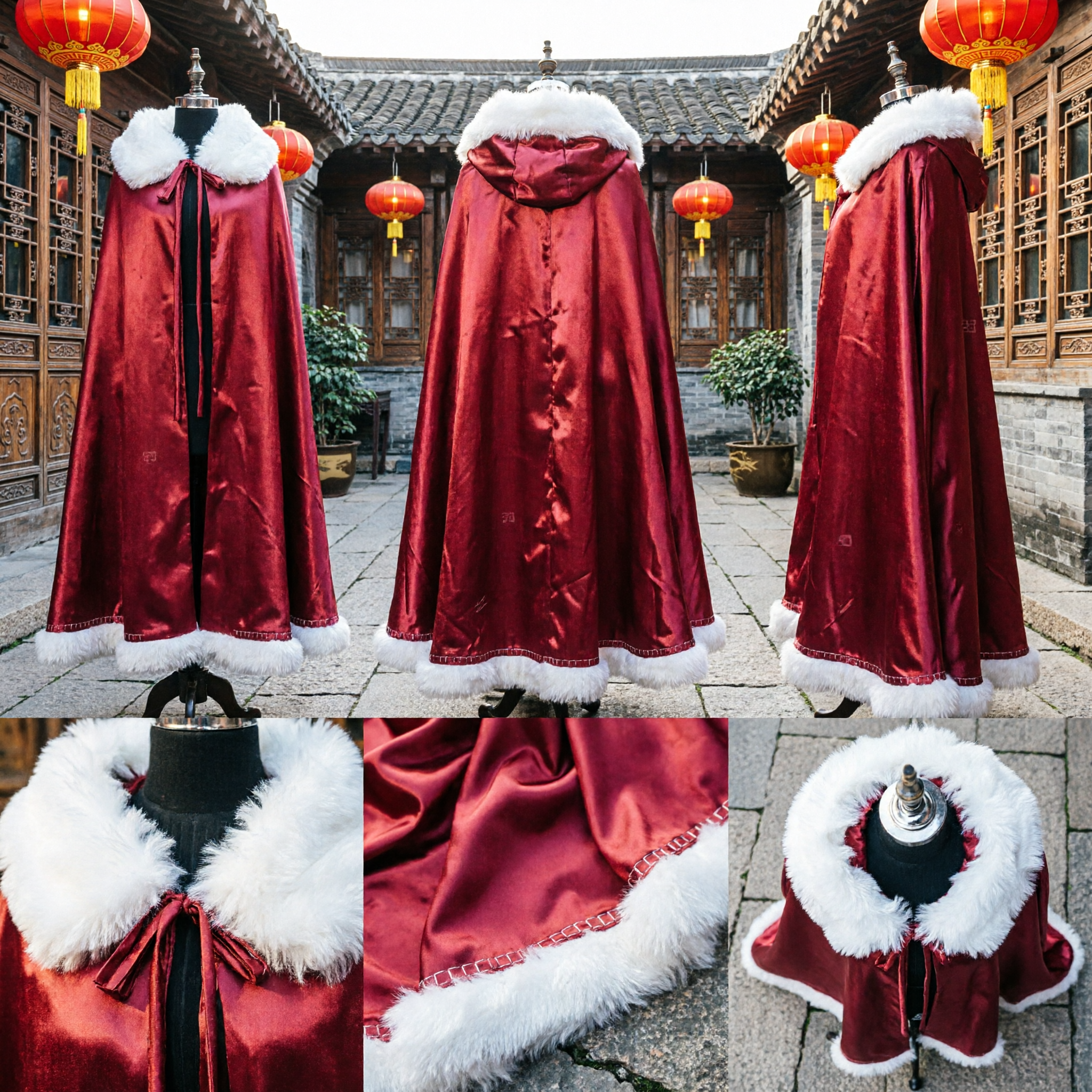 Long Red Velvet Cloak with White Fur Trim Medieval Renaissance Halloween Cosplay Costume for Women and Girls