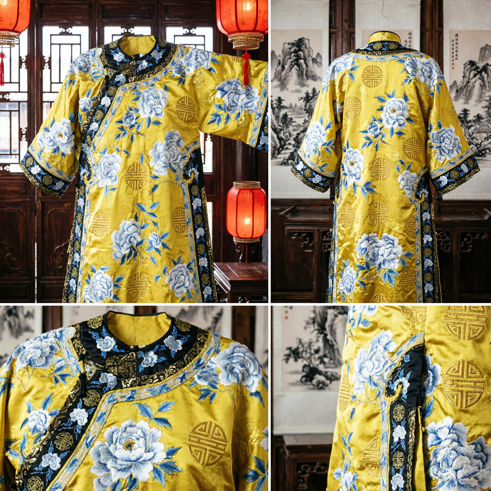 Traditional Chinese Yellow Embroidered Changshan Robe Qing Dynasty Imperial Style Costume for Men Performance
