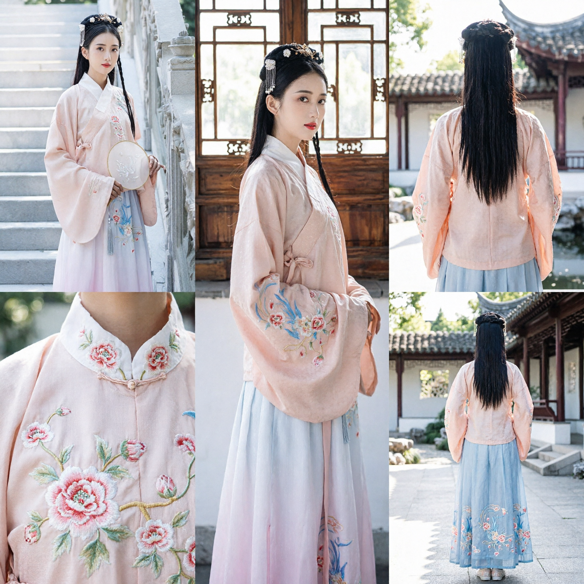 Traditional Chinese Hanfu Pink Floral Embroidery Ancient Costume Set Elegant Dress for Women Cultural Performance