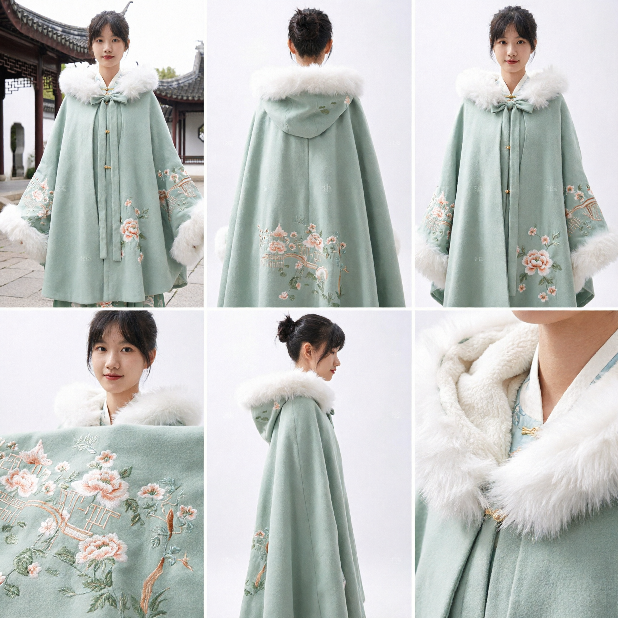 Traditional Chinese Hanfu Winter Cloak Green Embroidered Cape with White Fur Hood for Women Ancient Costume