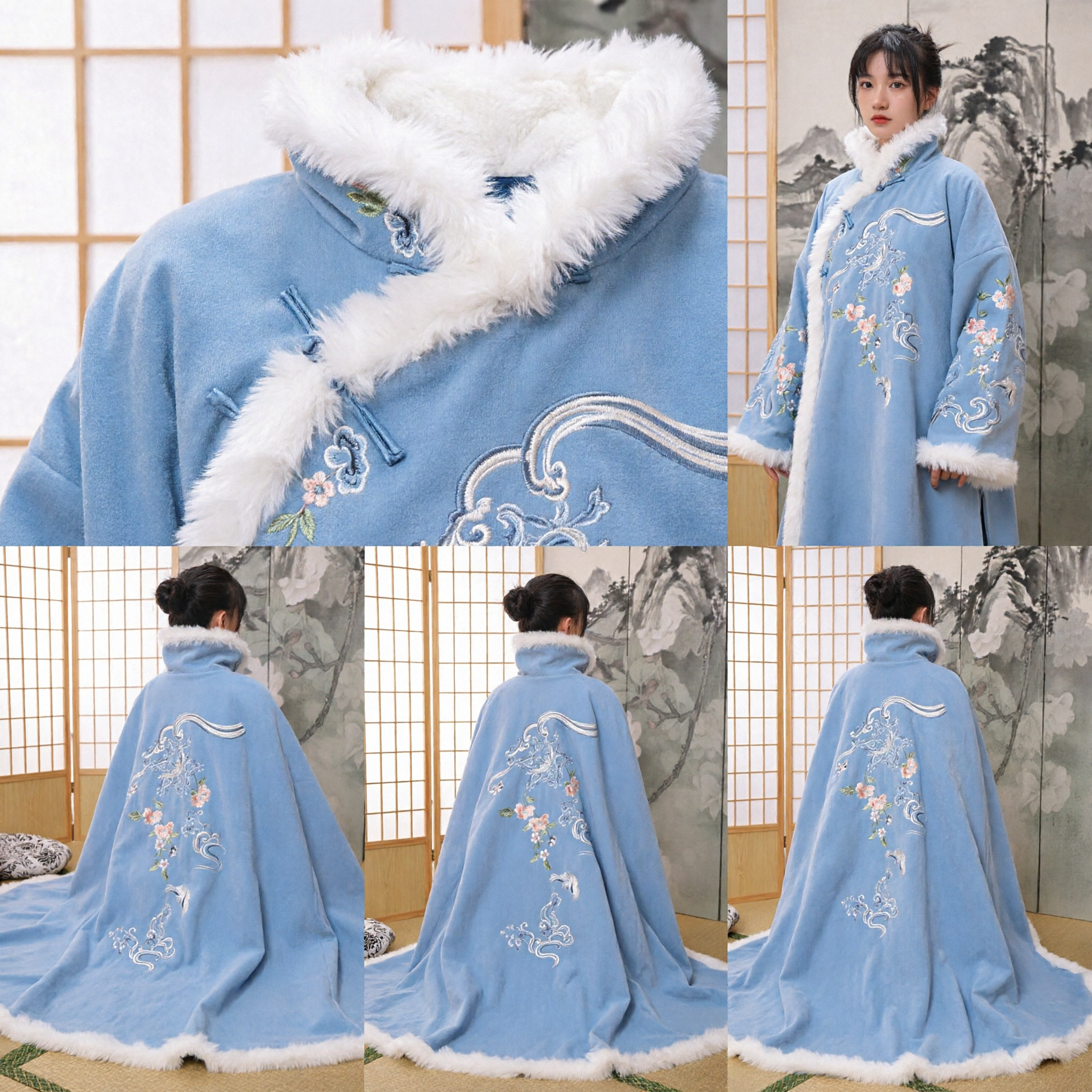 Traditional Chinese Hanfu Winter Cloak Blue Embroidered Cape with White Fur Trim Historical Costume for Women