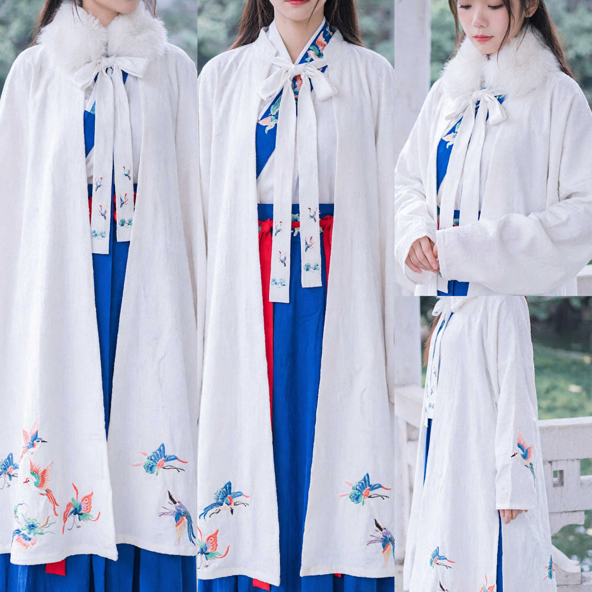 Traditional Chinese Hanfu Winter Cloak White Fur Collar Cape Butterfly Embroidery Ancient Costume for Women