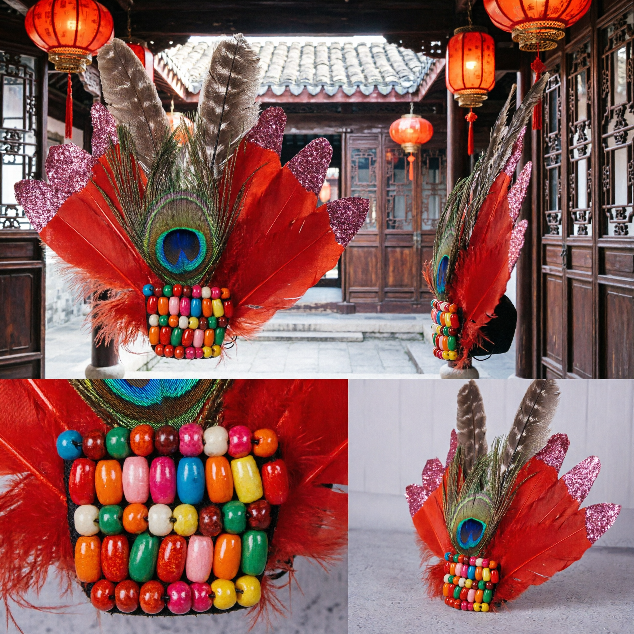 Vibrant Red Feather Carnival Headdress with Glitter Tips and Wooden Beads for Festival Dance Costumes