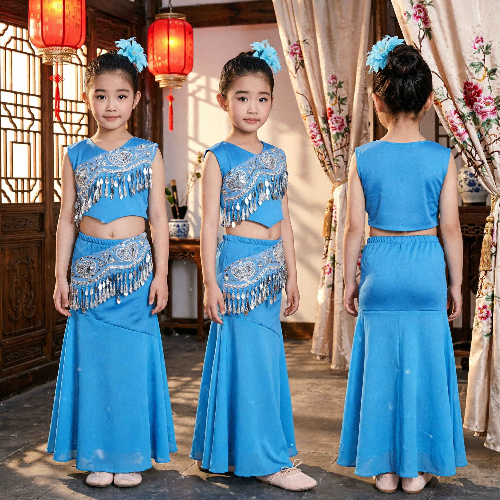 Girls Blue Dai Minority Peacock Dance Costume Traditional Chinese Folk Stage Performance Outfit Set