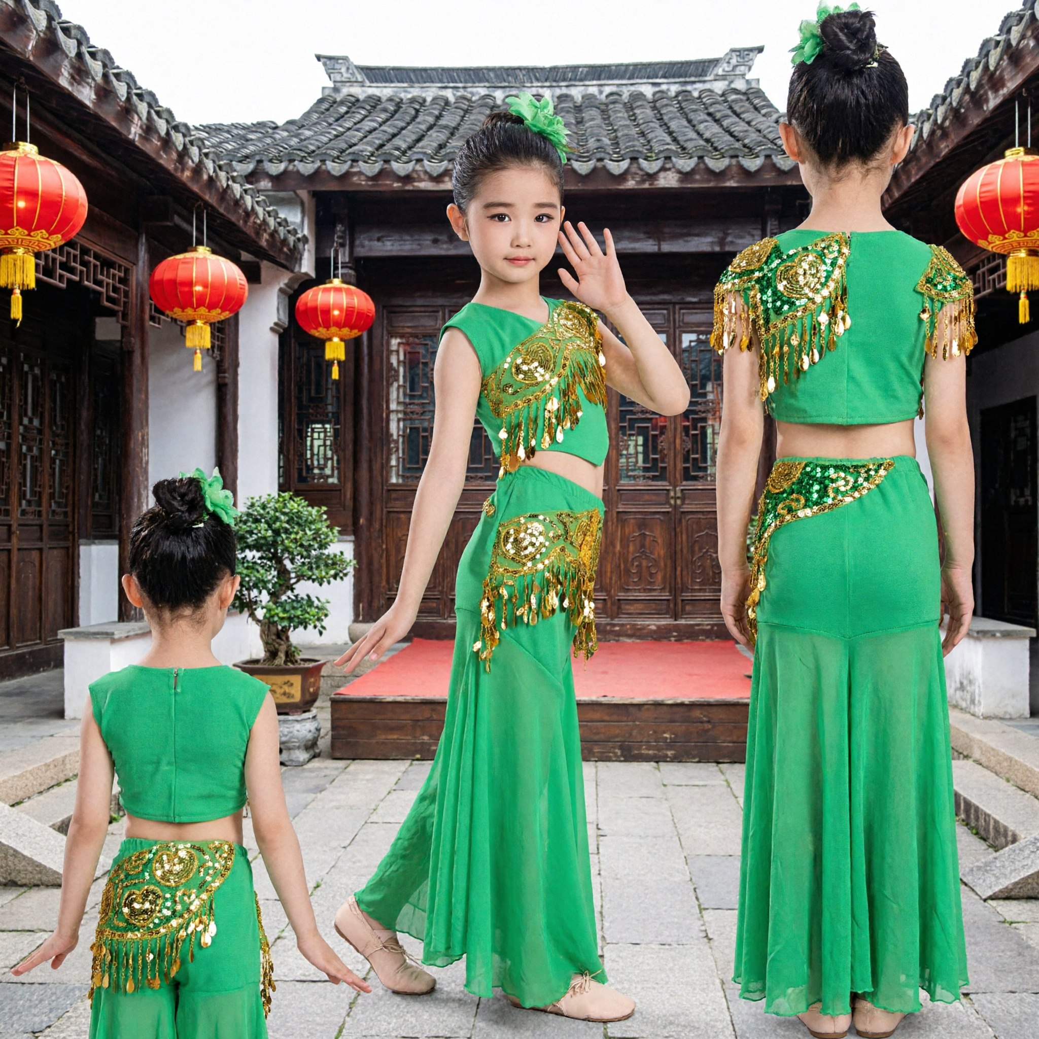 Kids Girls Green Chinese Dai Dance Costume Peacock Folk Dress Stage Performance Outfit with Gold Sequins