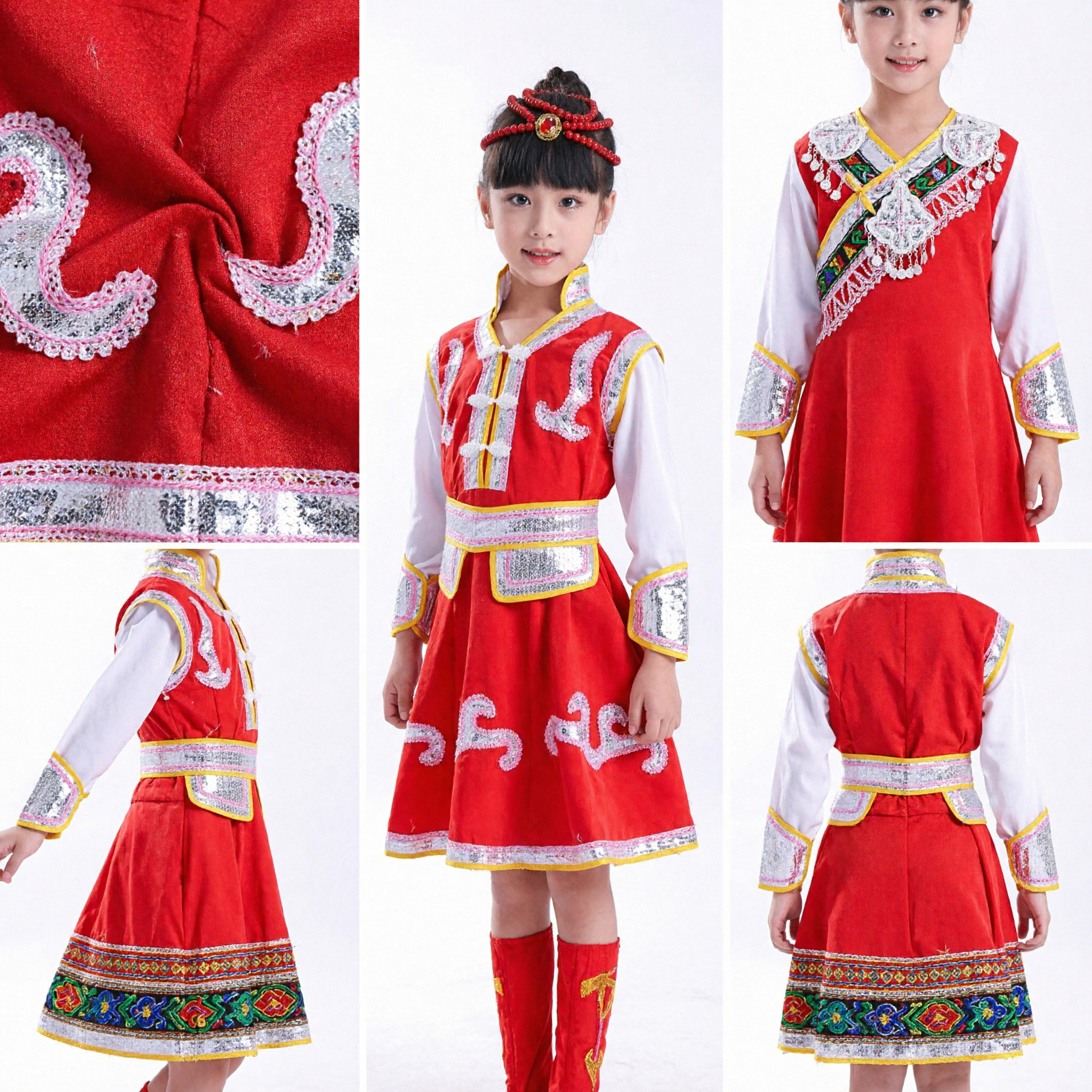 Kids Chinese Traditional Mongolian Dance Costume Red Ethnic Minority Stage Performance Dress for Girls