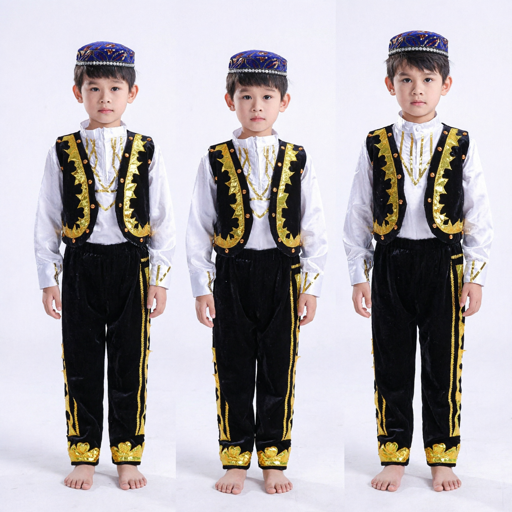 Boys Traditional Uyghur National Costume Set Black Velvet Embroidered Vest and Pants with Cap for Folk Dance Performance
