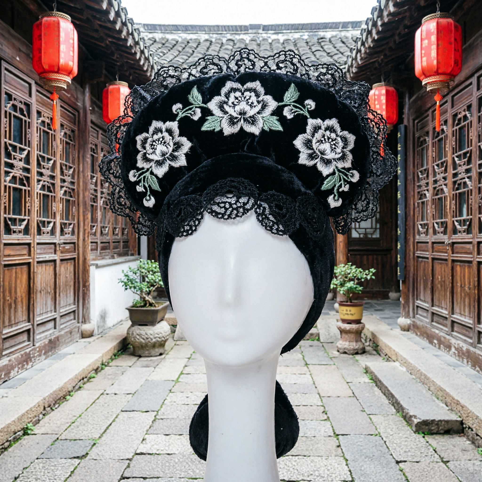 Traditional Chinese Black Hair Wig Qing Dynasty Manchu Noblewoman Headpiece for Ancient Costume Cosplay