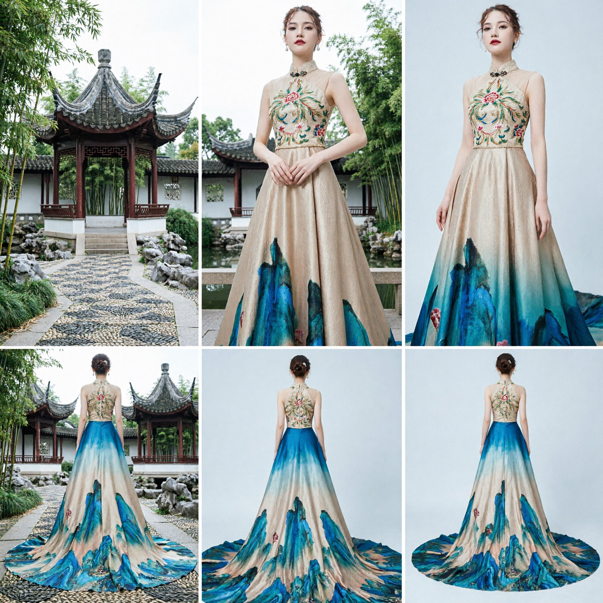 Elegant Chinese Style Evening Gown Featuring Traditional Landscape Painting Print for Formal Galas and Stage Performances