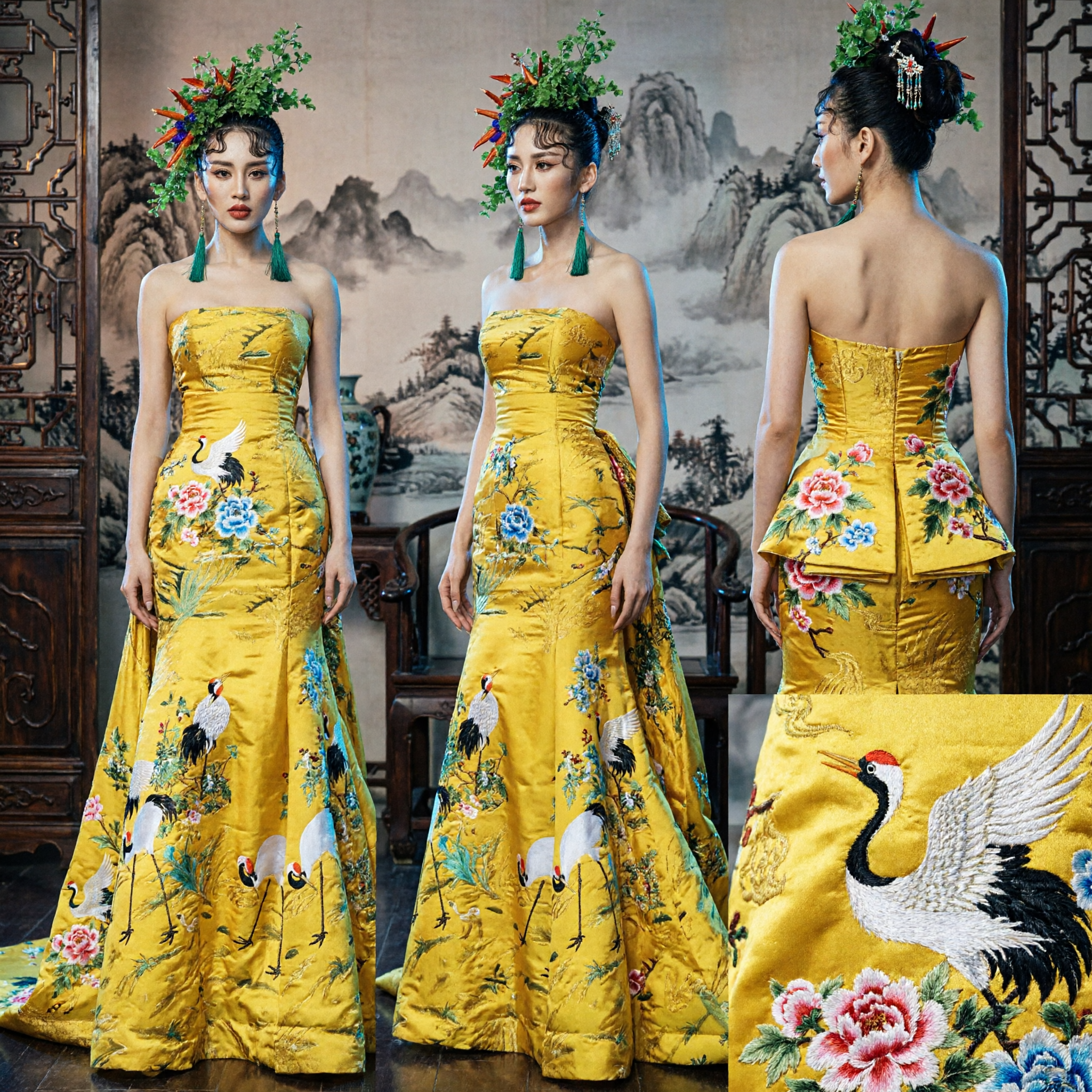 Women's Yellow Strapless Evening Gown Chinese Traditional Crane Print Dress for Stage Performance and Gala