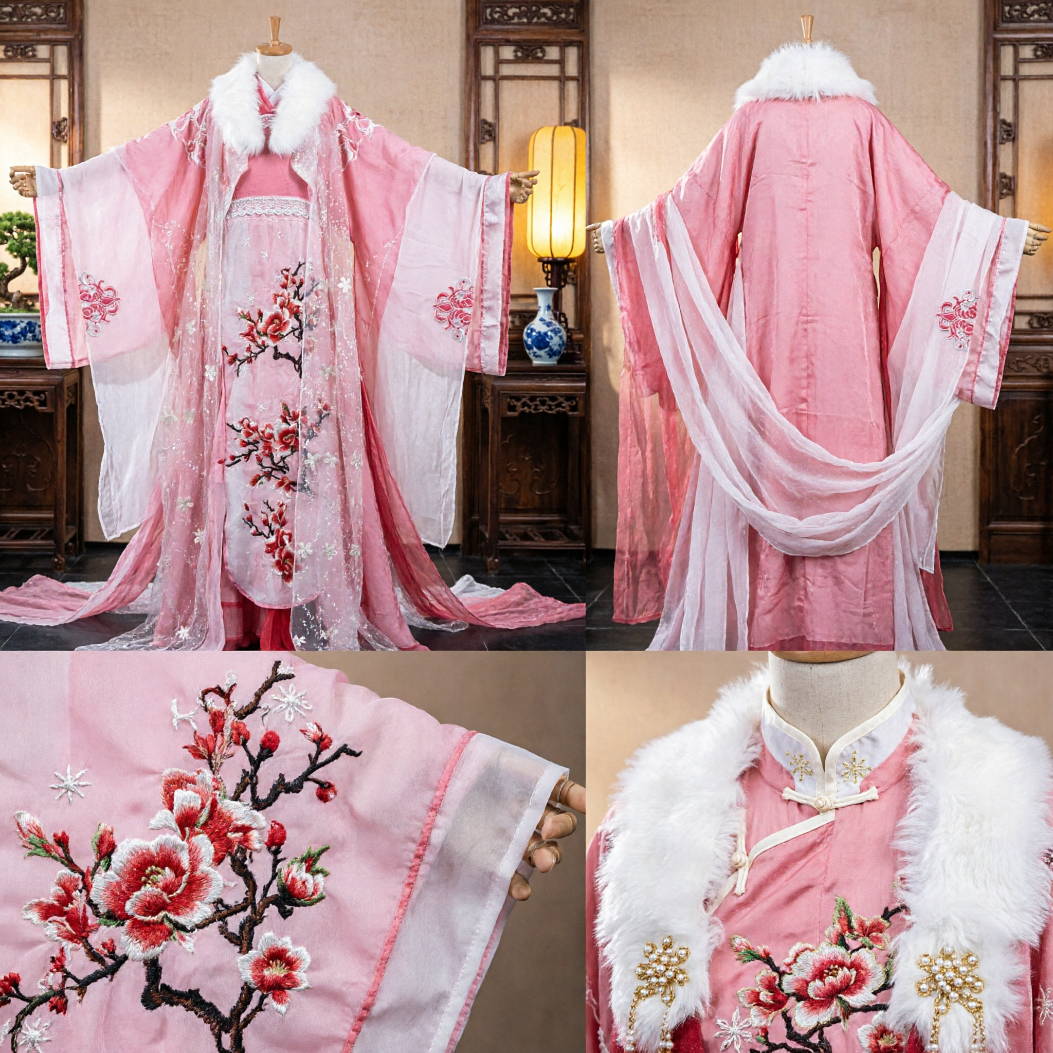 Elegant Pink Hanfu Traditional Chinese Costume with White Fur Collar and Plum Blossom Embroidery for Women