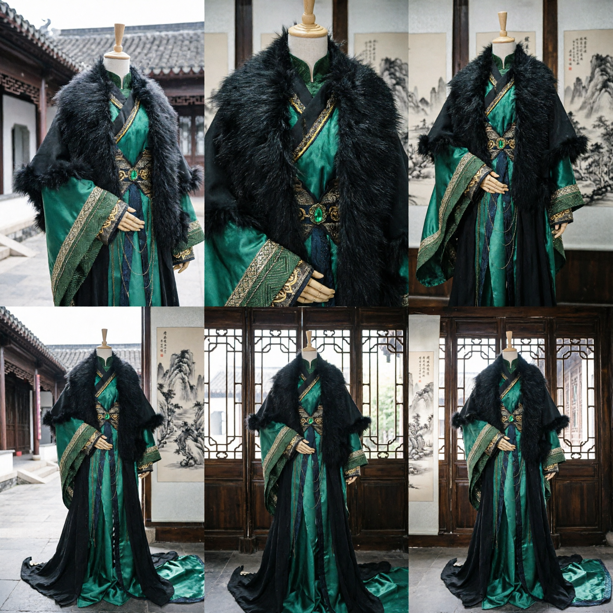 Traditional Chinese Ancient Prince Costume Green Silk Robe with Black Fur Cloak Hanfu for Men Cosplay