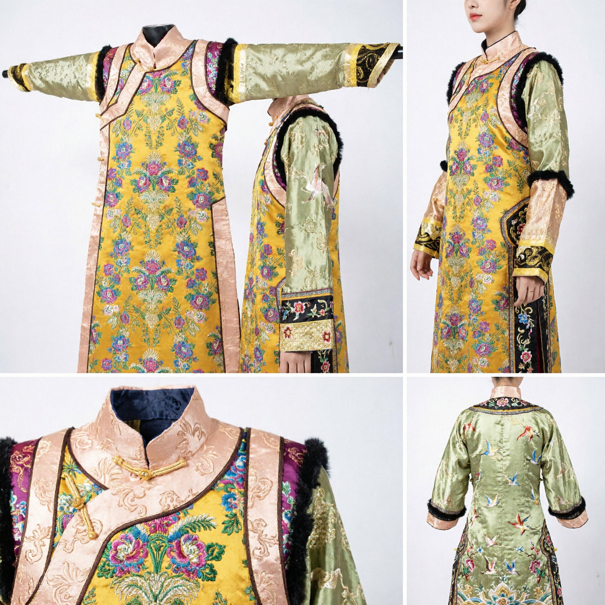 Traditional Chinese Yellow Floral Brocade Robe Qing Dynasty Embroidered Costume for Women Historical Performance