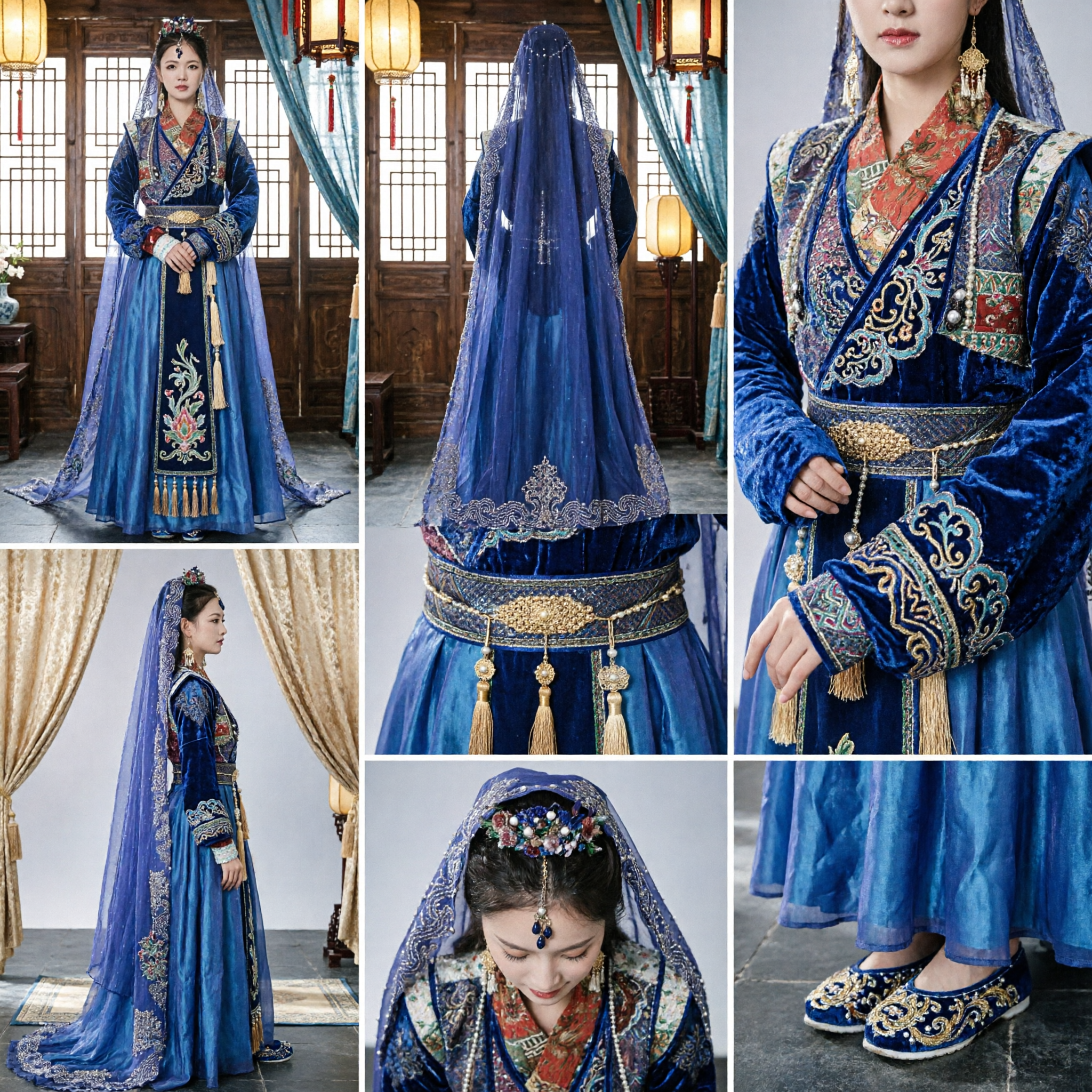 Royal Blue Chinese Traditional Ethnic Minority Princess Costume Ancient Palace Lady Hanfu Dress for Women Stage Performance
