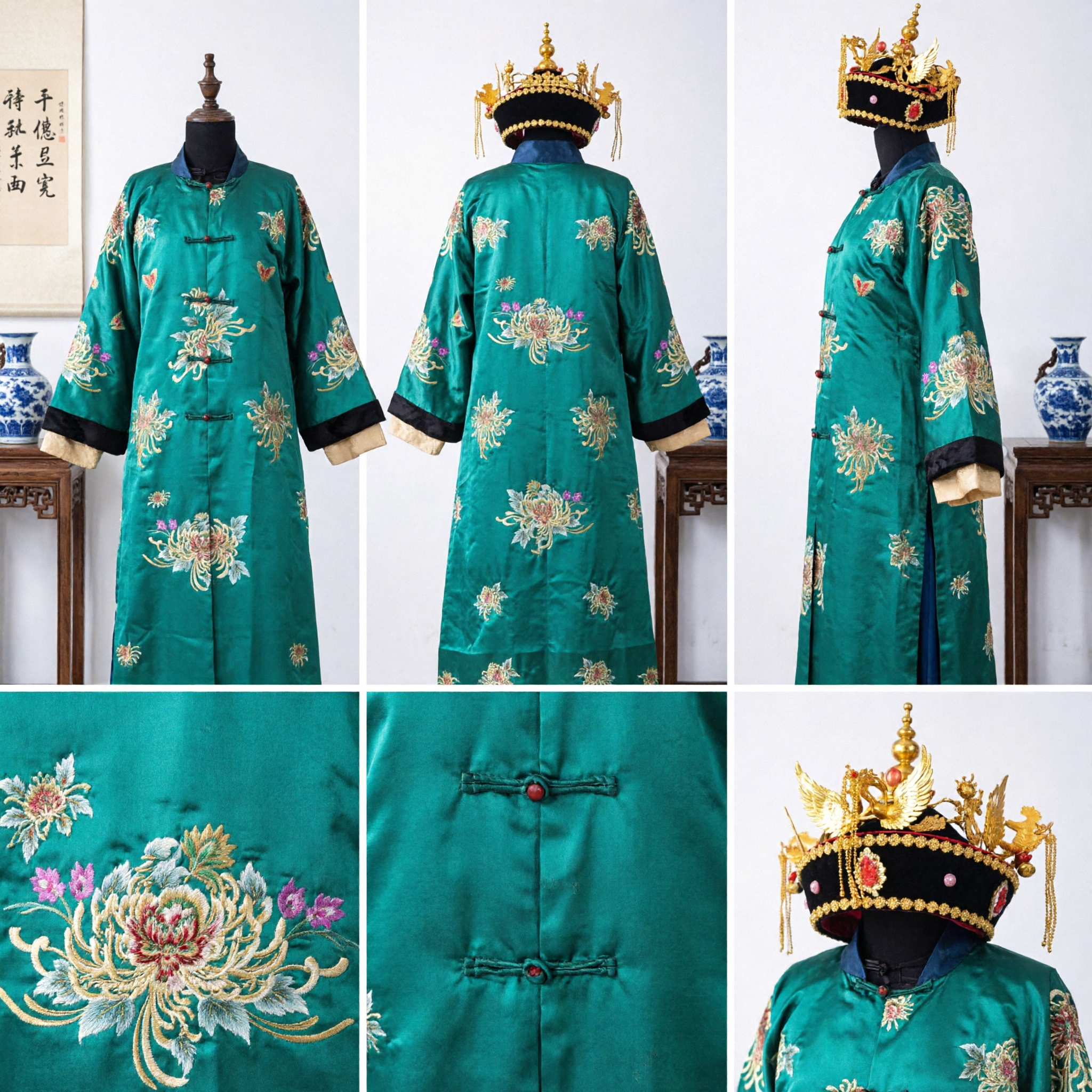 Traditional Chinese Ancient Green Embroidered Robe Costume with Phoenix Crown for Opera Stage Performance