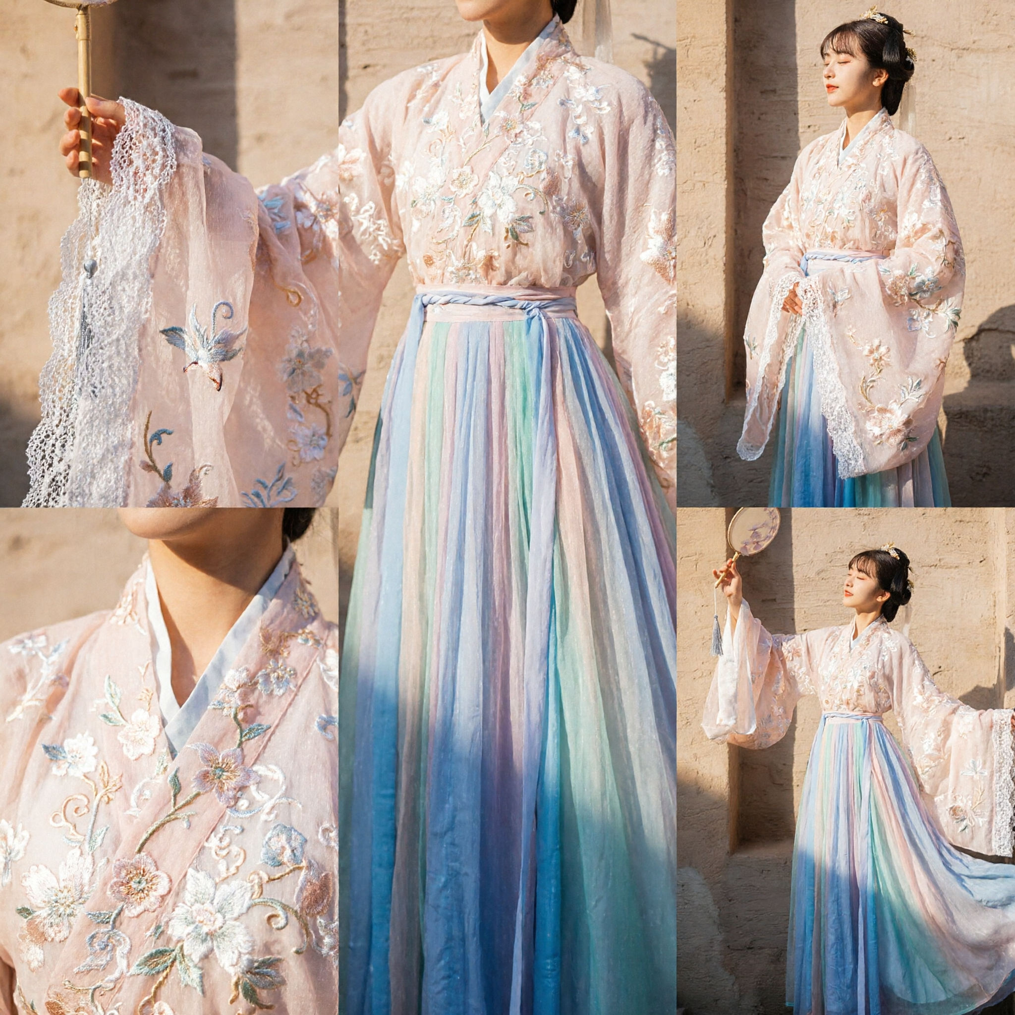Elegant Traditional Chinese Hanfu Dress for Women Ancient Embroidered Sheer Top Rainbow Gradient Pleated Skirt Costume