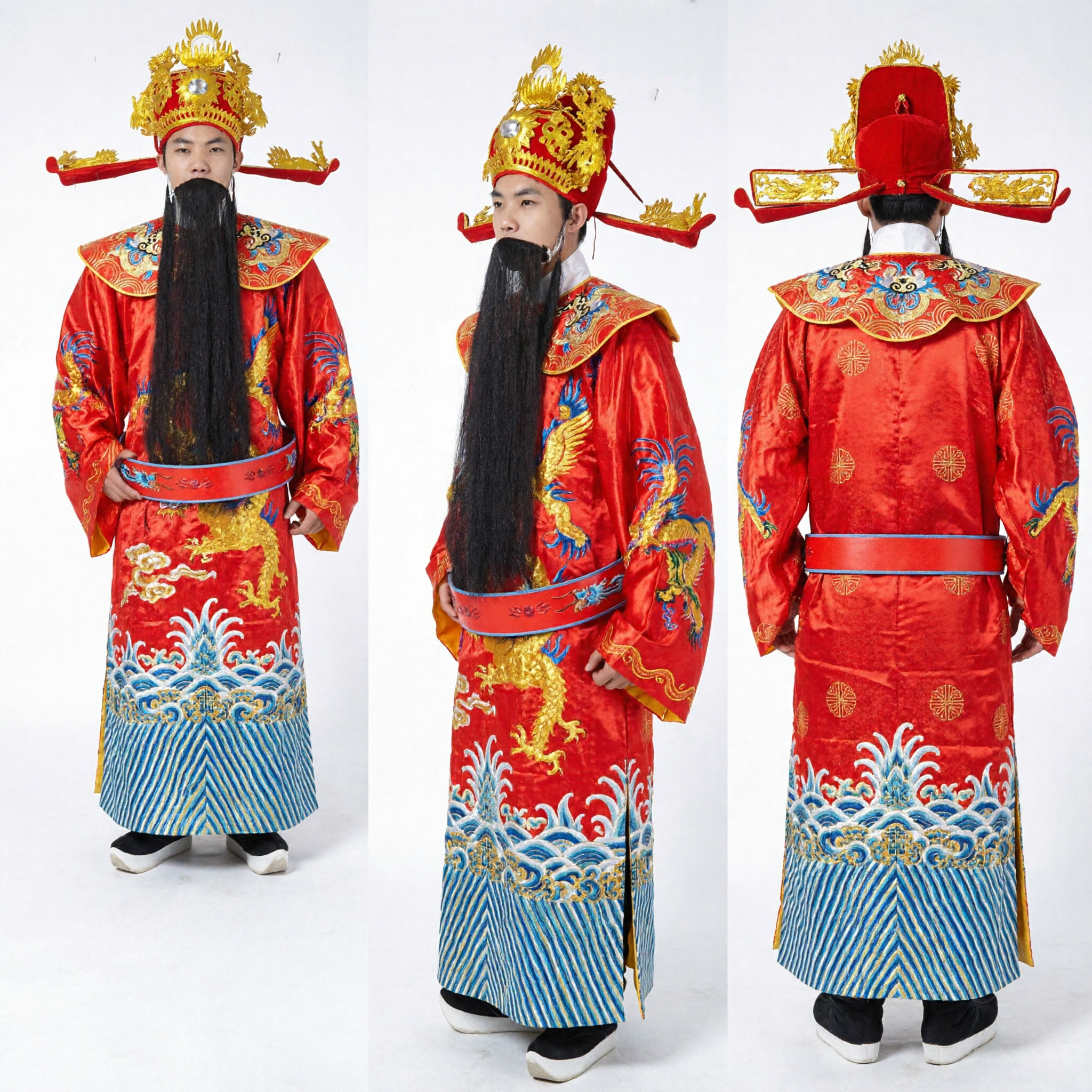 Men's Traditional Chinese God of Wealth Costume Red Dragon Robe Hat Beard Set for New Year Performance