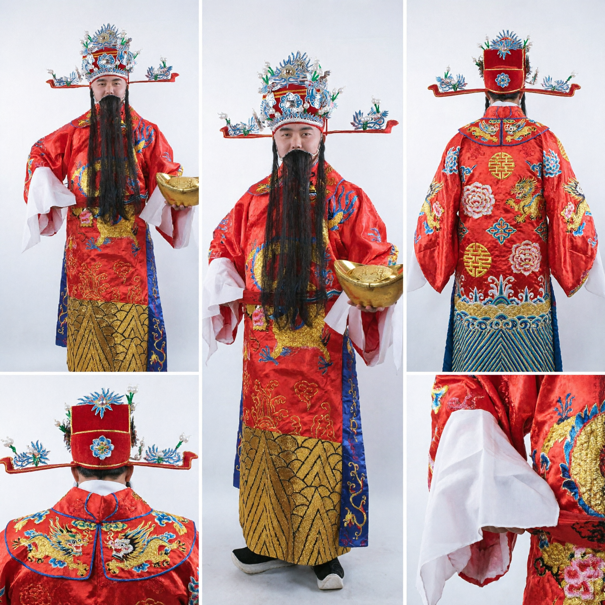 Traditional Chinese God of Wealth Caishen Costume Red Embroidered Robe for Lunar New Year Parade