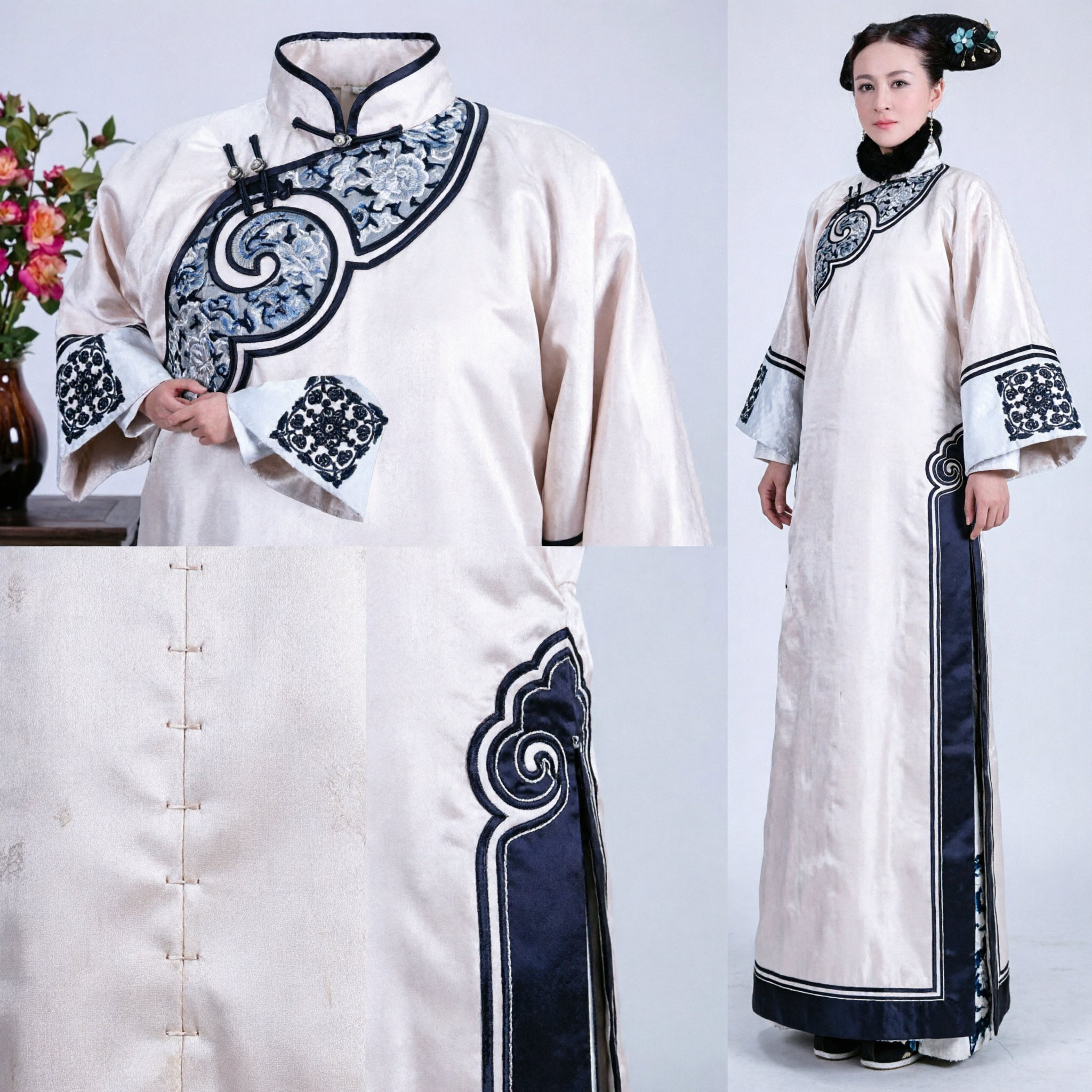 Traditional Chinese Qing Dynasty Manchu Princess Costume White Embroidered Robe with Fur Collar for Women