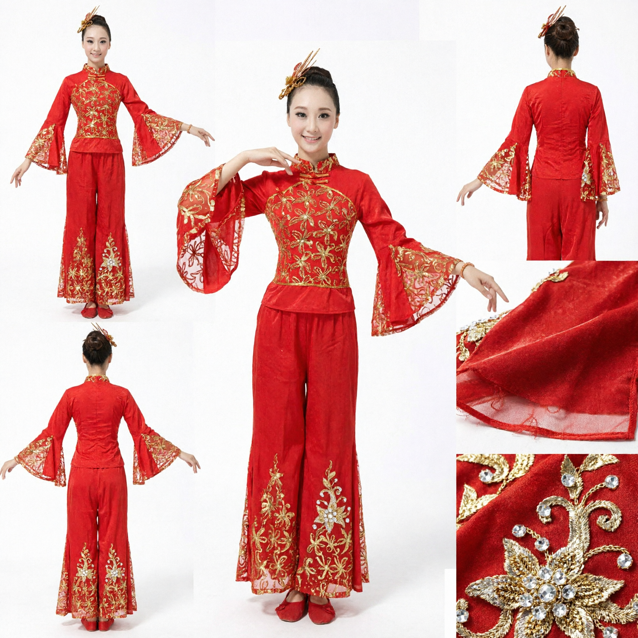 Women's Red Chinese Folk Dance Costume Traditional Yangge Fan Dress Stage Performance Outfit with Gold Embroidery