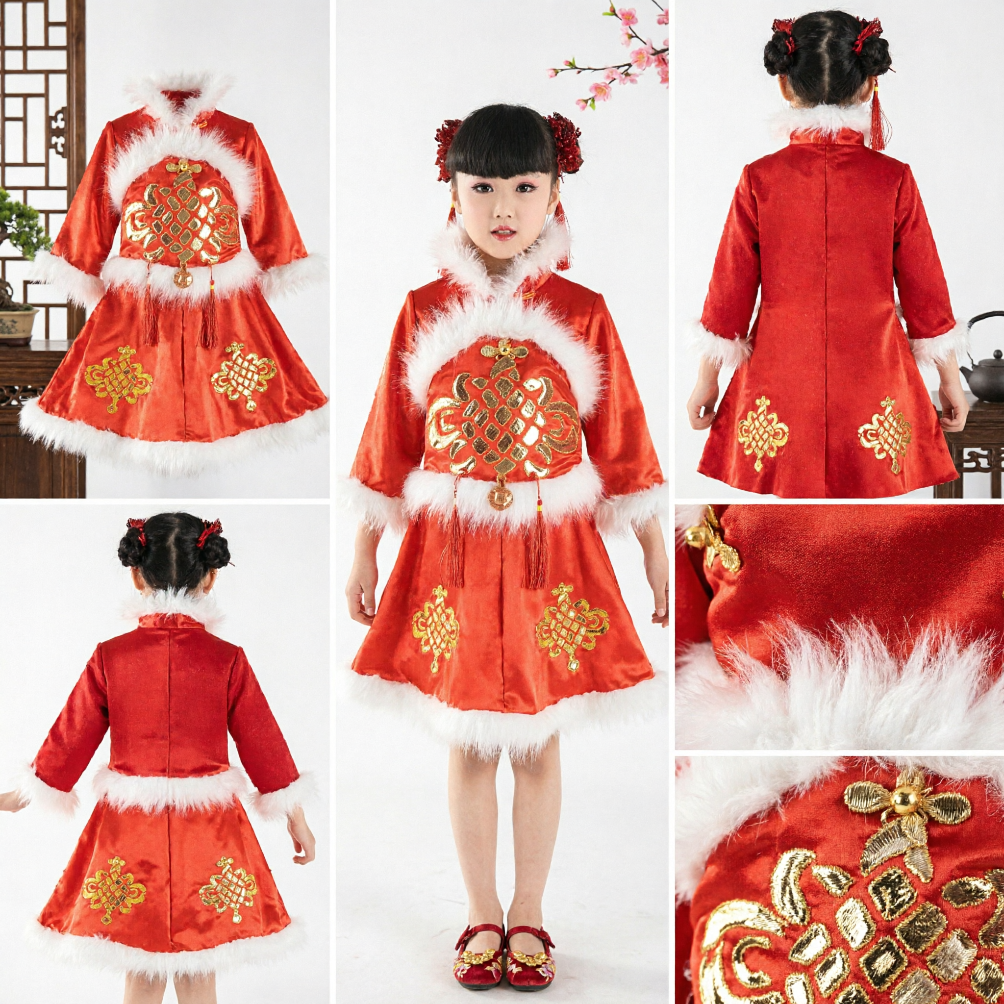 Girls Red Chinese New Year Tang Suit Dress Winter Fur Trim Traditional Chinese Knot Embroidery Spring Festival Costume