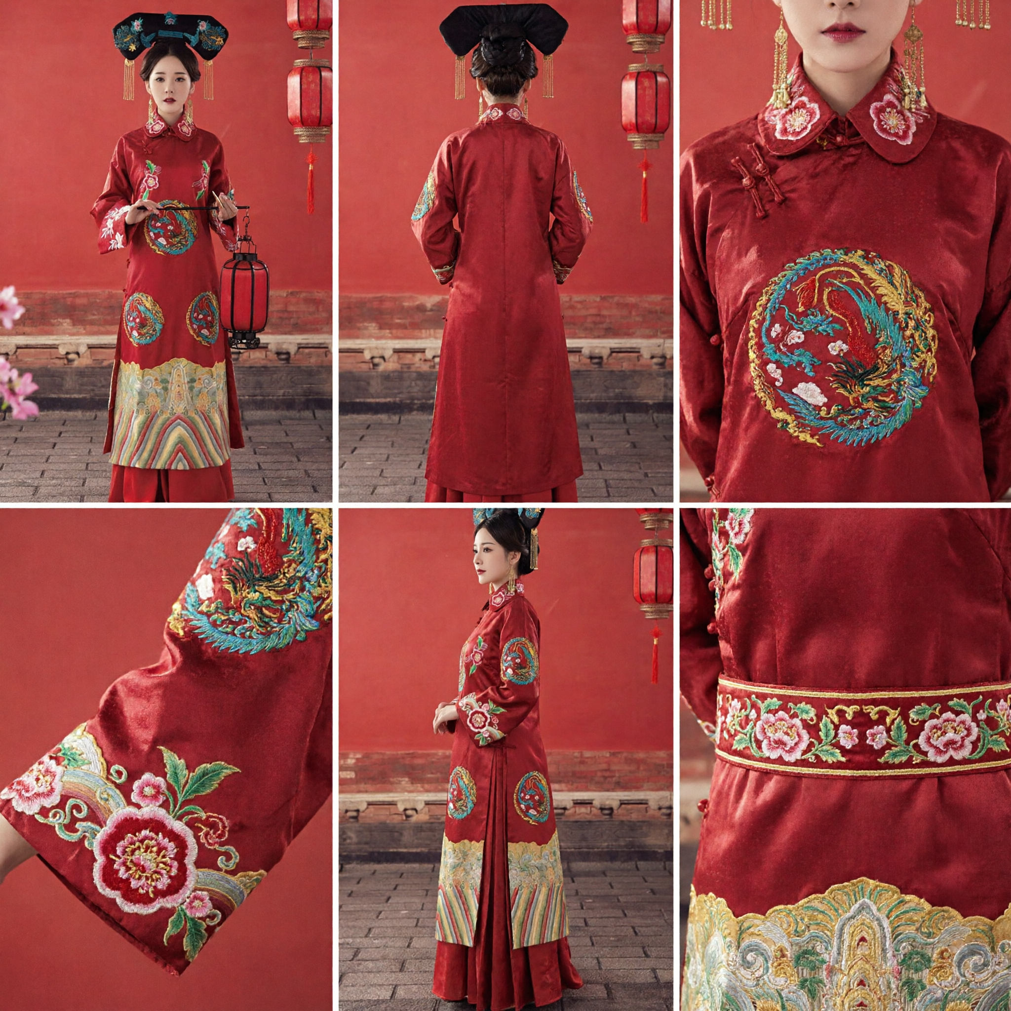 Traditional Chinese Red Embroidered Robe Qing Dynasty Manchu Princess Ancient Costume with Headdress for Photography