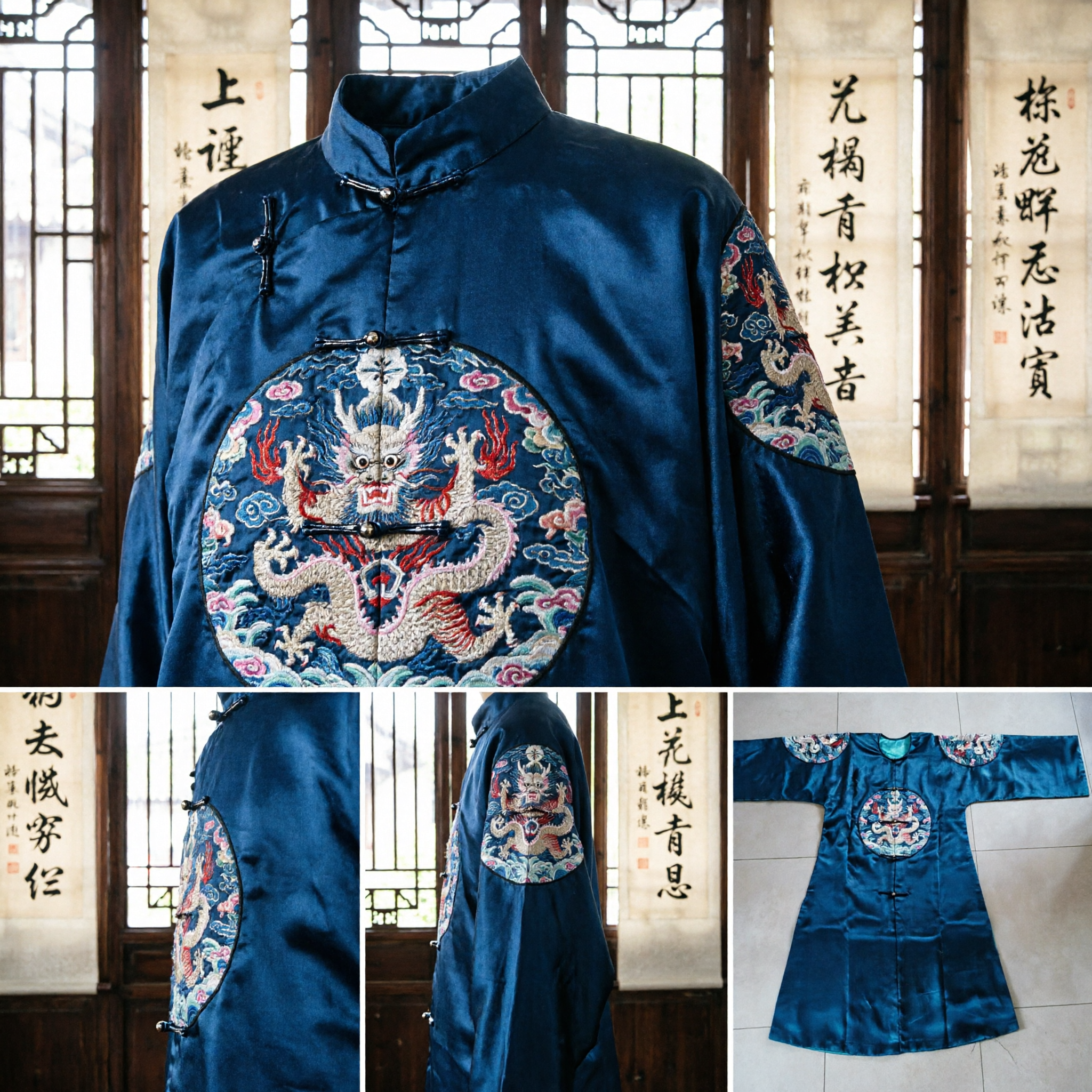 Traditional Chinese Blue Silk Robe Ancient Qing Dynasty Official Dragon Embroidery Changshan Costume for Men