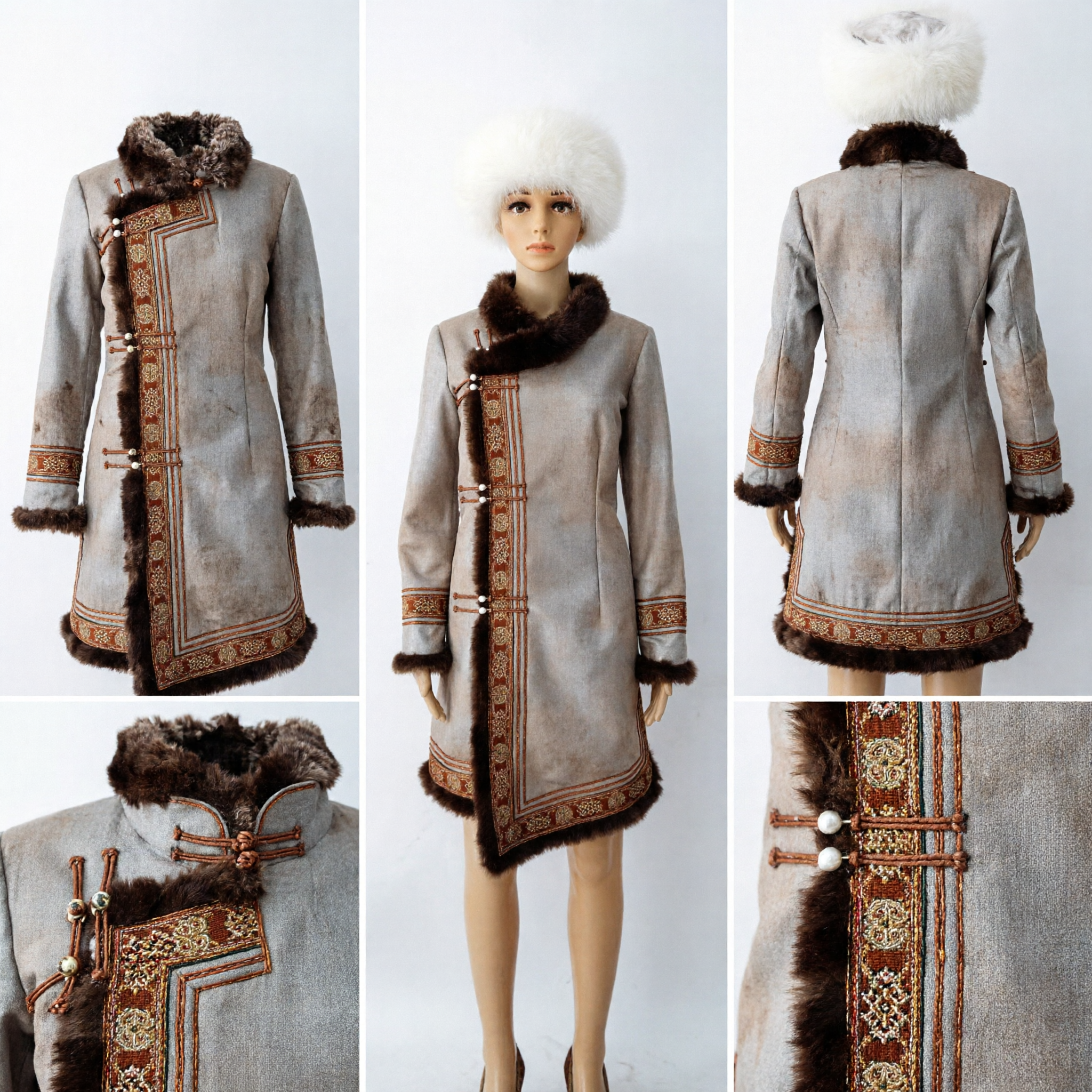 Traditional Mongolian Winter Robe with White Fur Hat and Brown Trim Ethnic Stage Costume for Men