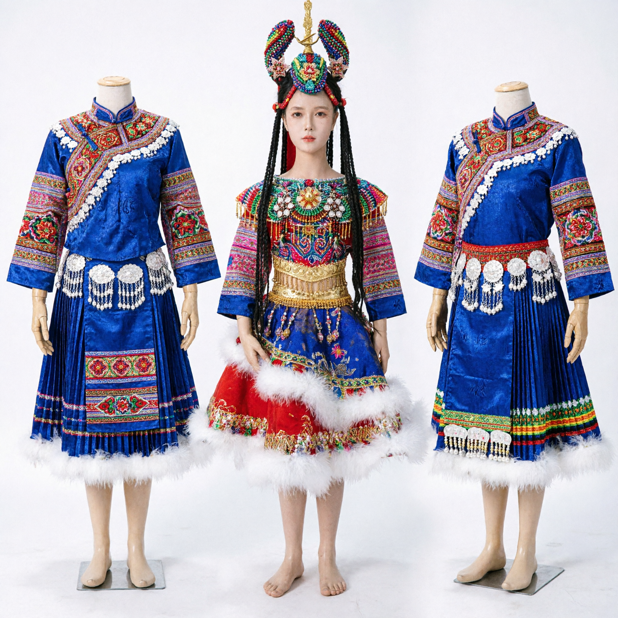 Traditional Chinese Miao Ethnic Minority Costume Blue Embroidered Dress with Headdress for Women Folk Dance Stage Performance