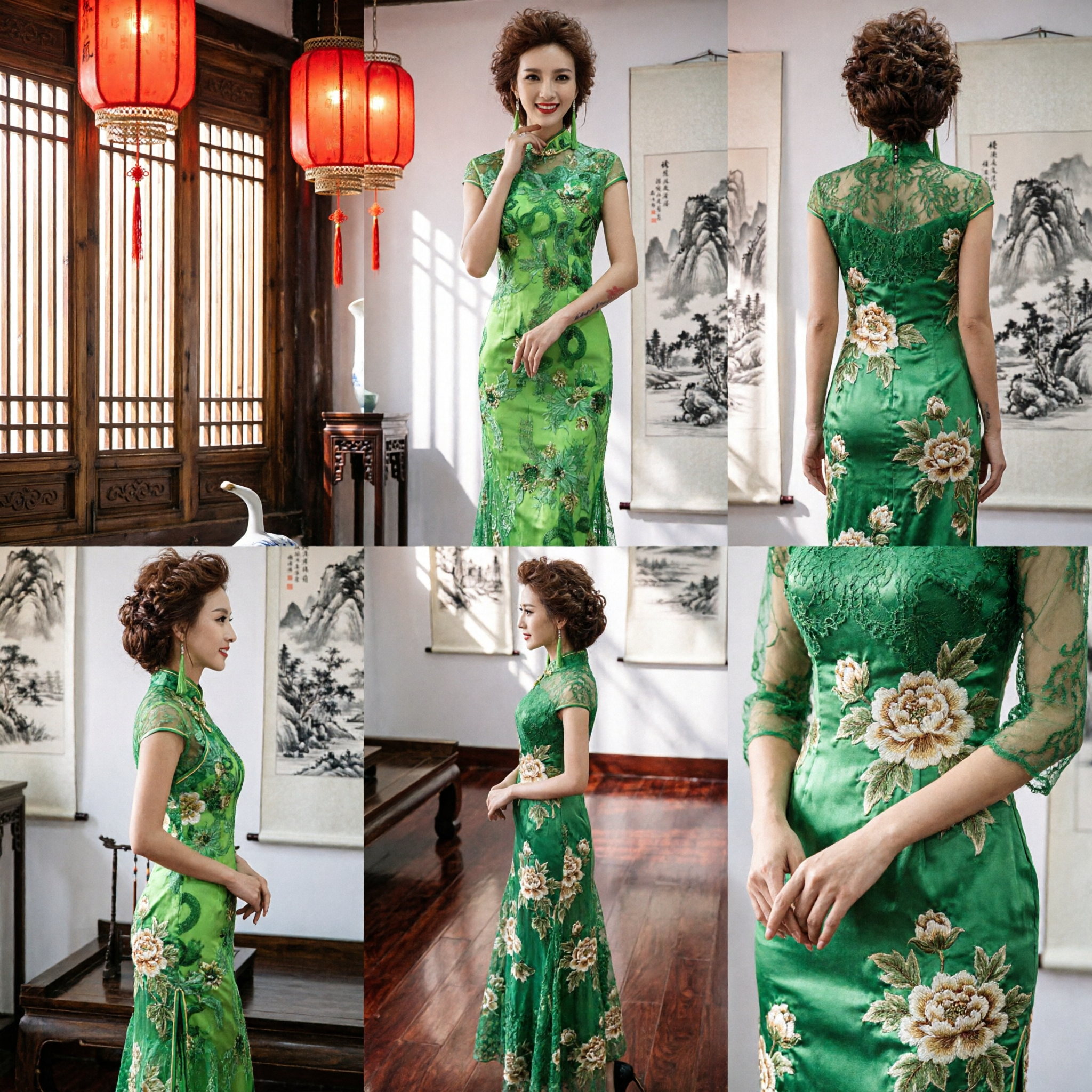 Elegant Green Long Cheongsam Dress Floral Lace Mermaid Evening Gown for Wedding Banquet Party