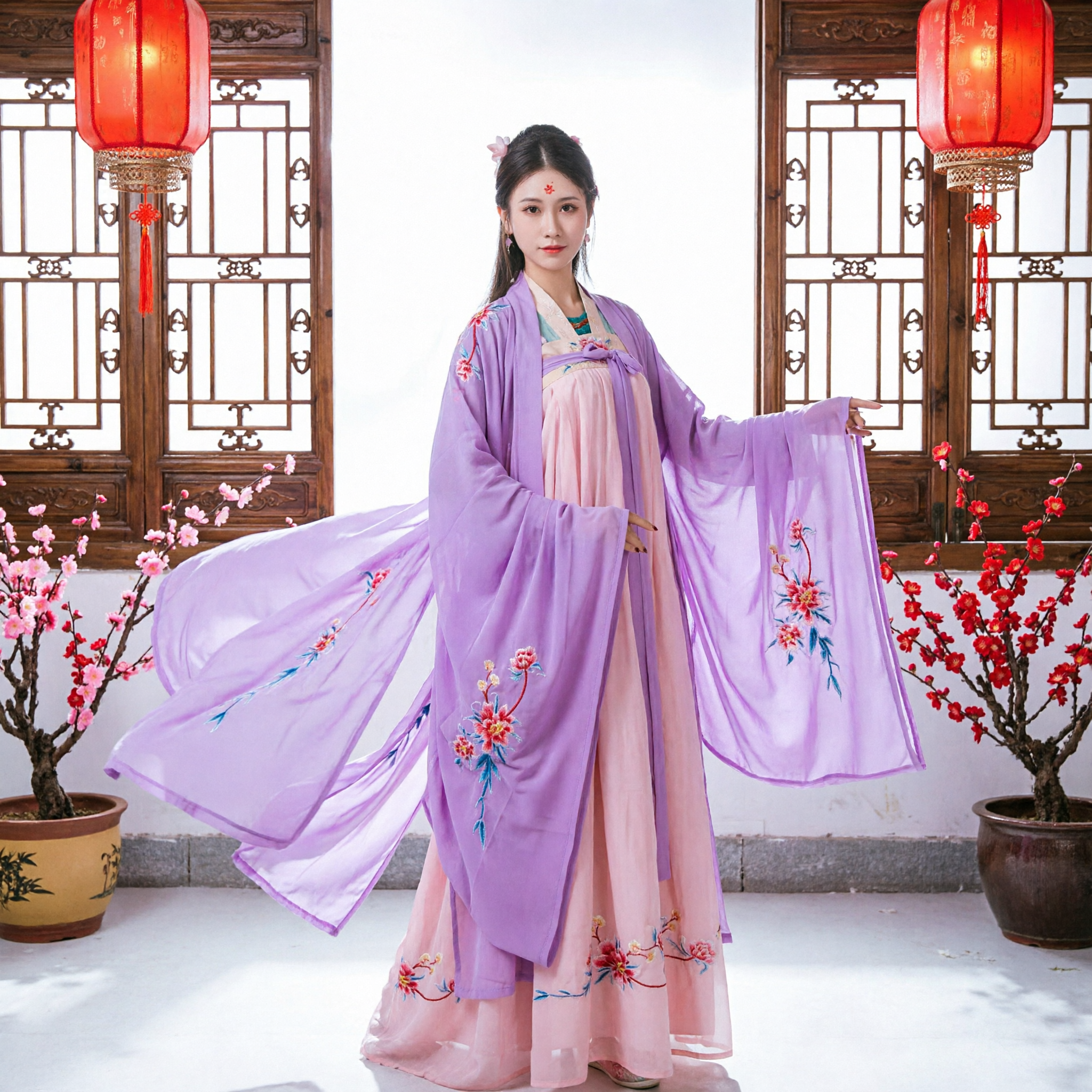 Chinese Traditional Hanfu Purple Floral Embroidery Robe Ancient Palace Dress Tang Dynasty Costume for Women