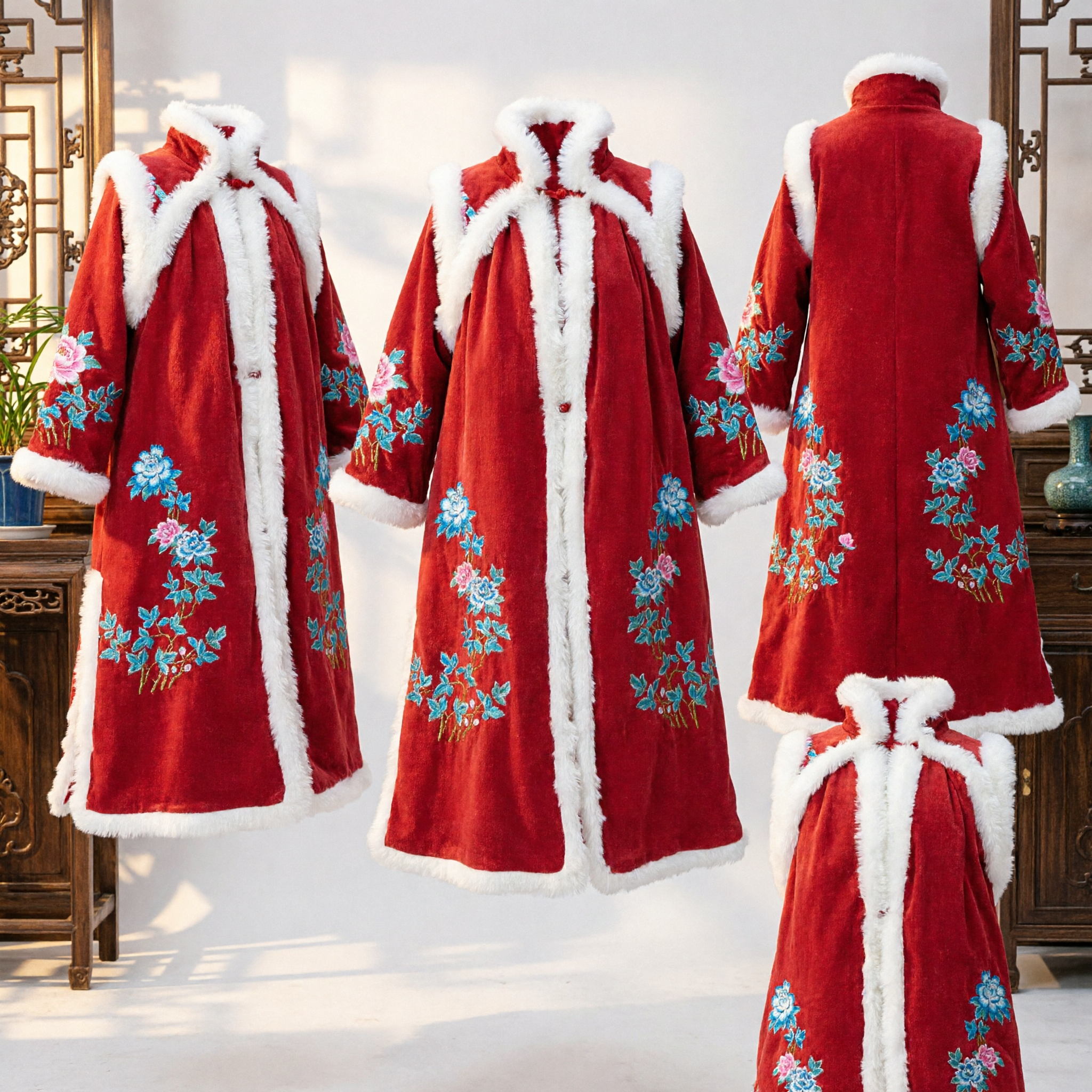 Traditional Chinese Red Winter Cloak with White Fur Trim and Floral Embroidery Hanfu Cape for Women