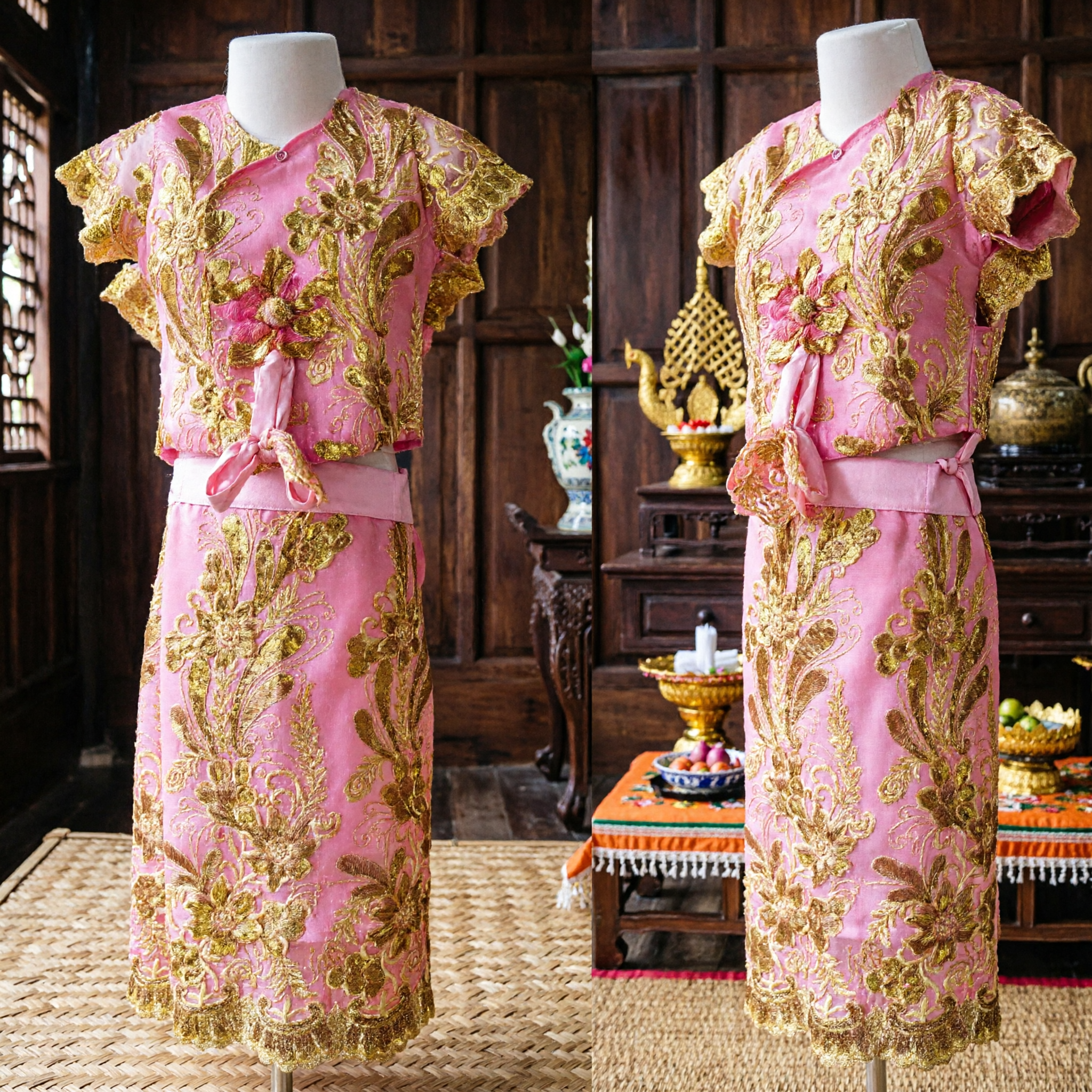 Women's Pink and Gold Embroidered Traditional Chinese Kebaya Costume Set for Dance Performance and Cultural Events
