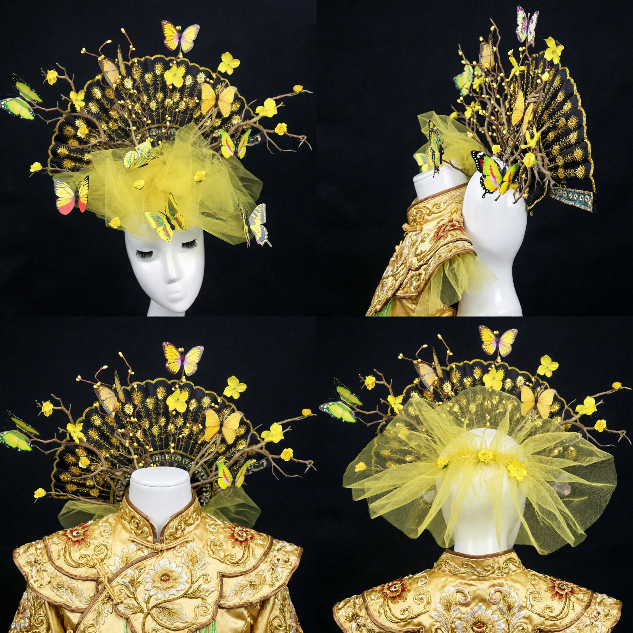 Traditional Chinese Yellow Butterfly and Flower Headdress Crown for Stage Performance Dance and Wedding