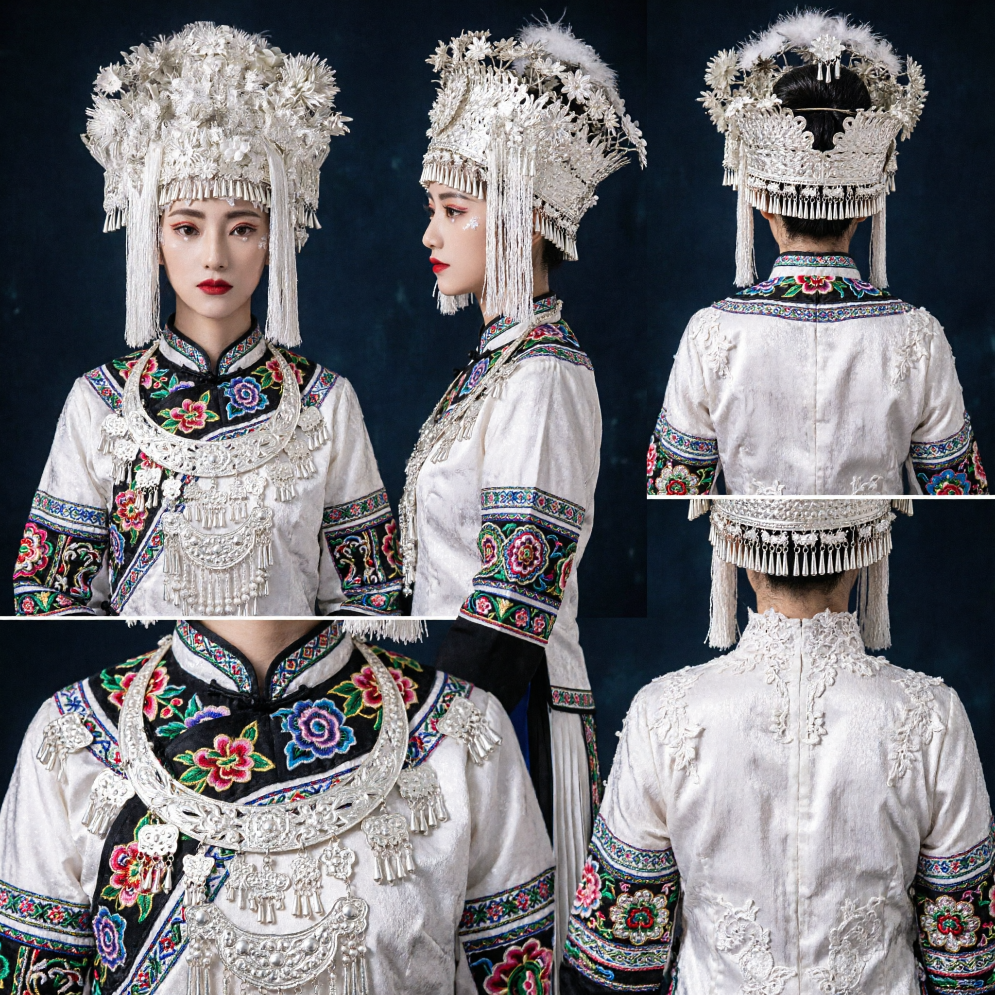 Traditional Chinese Miao Silver Headdress White Floral Bridal Crown Ethnic Wedding Costume Hair Accessories for Women