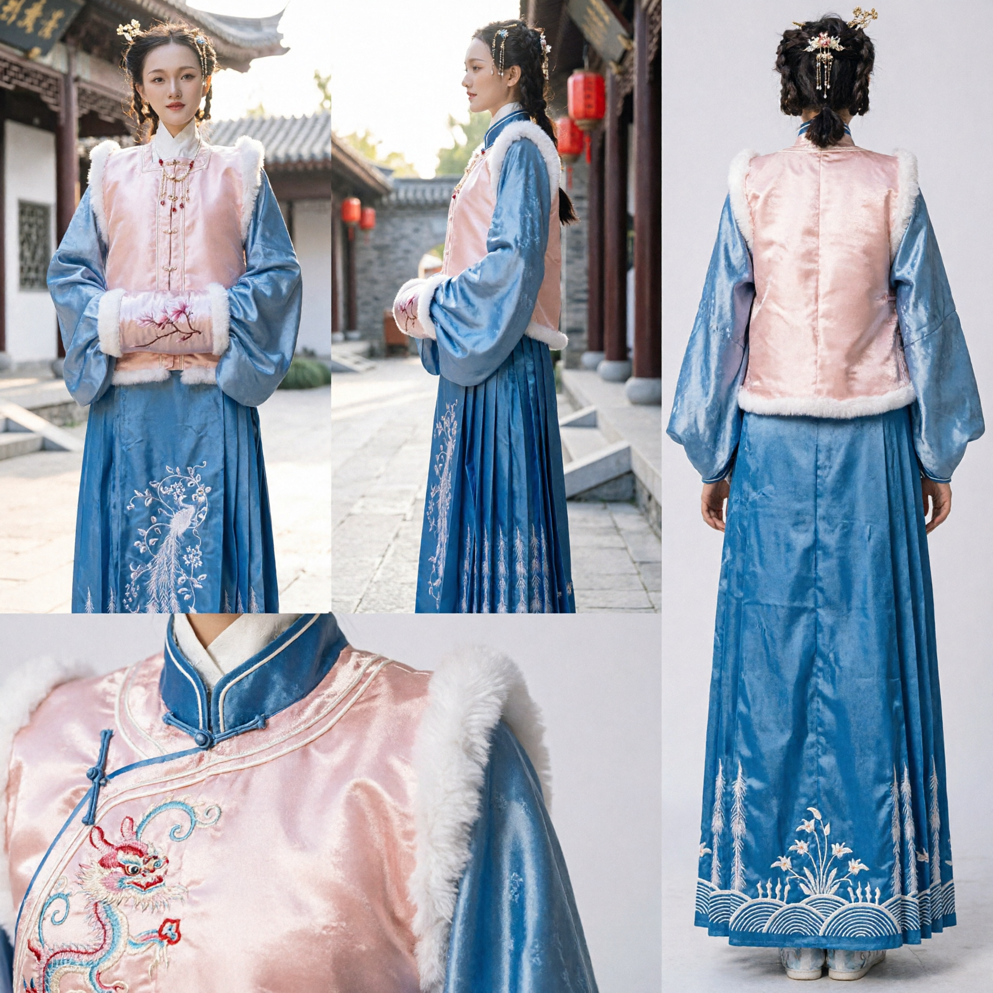 Traditional Chinese Ming Dynasty Hanfu Winter Set Pink Fur Trim Vest Blue Embroidered Skirt Historical Costume for Women