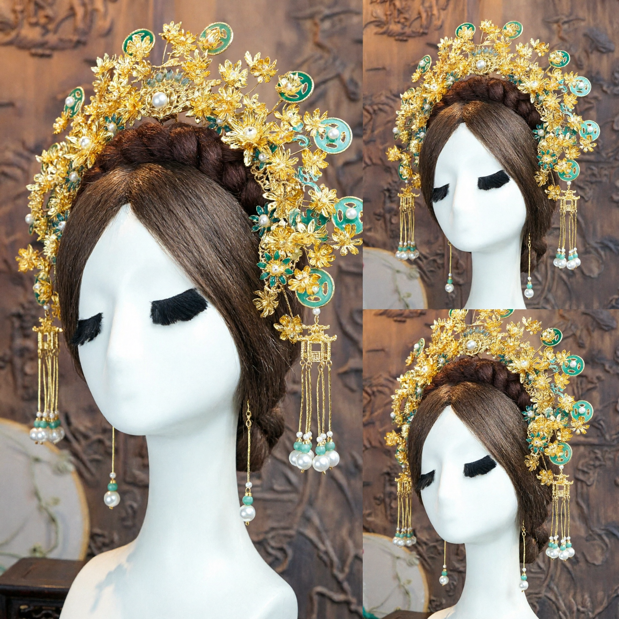 Traditional Chinese Gold Floral Headdress Crown with Pearls for Ancient Hanfu Wedding Bride Hair Accessories